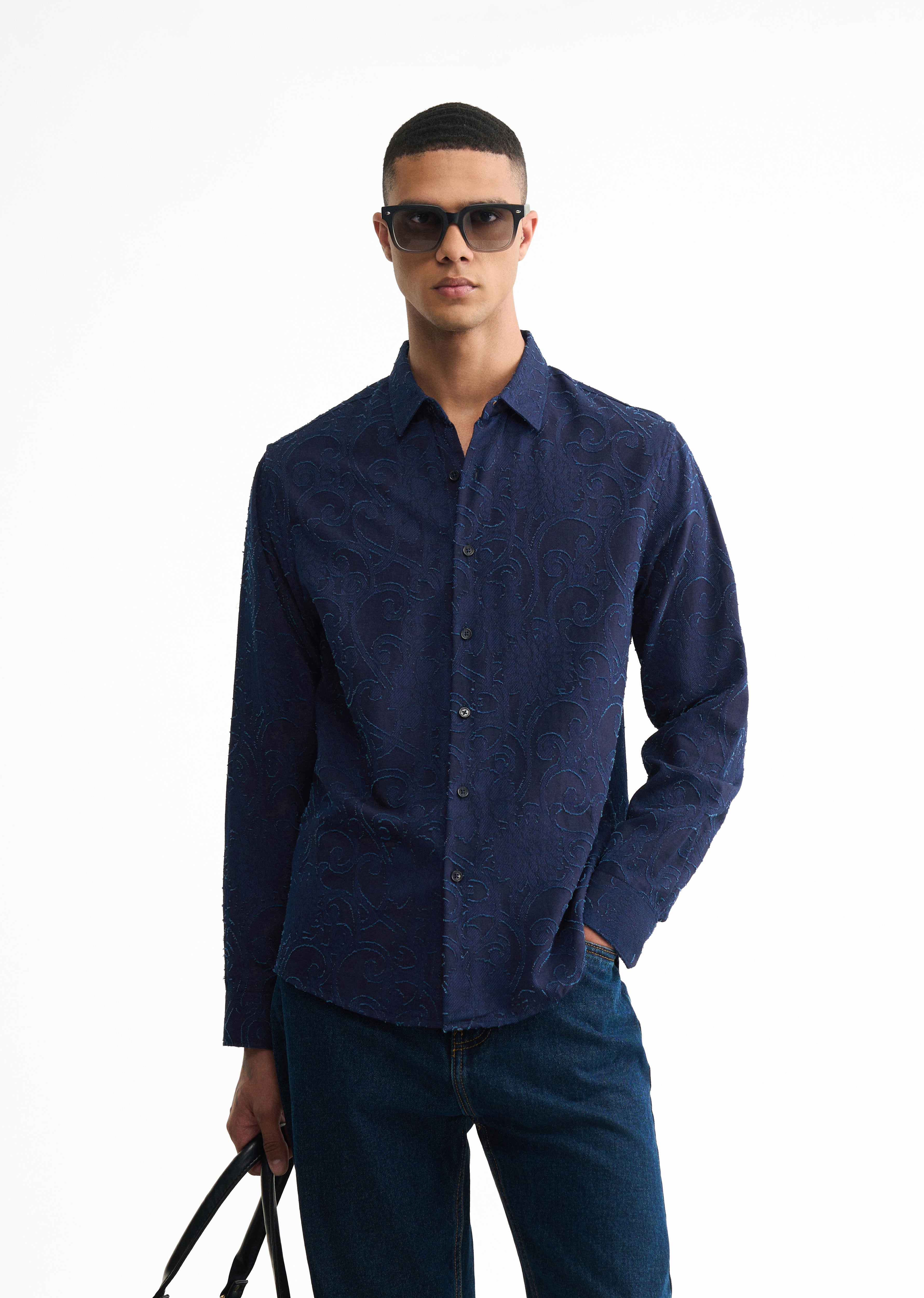 Navy Blue Floral Jacquard Shirt