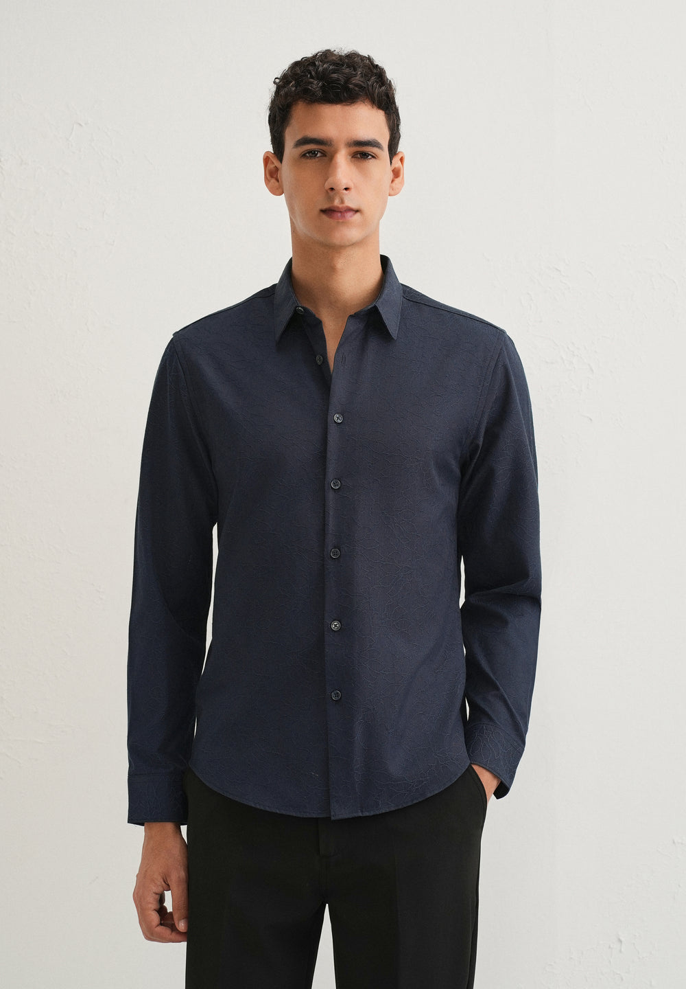 Navy Blue Floral Jacquard Shirt