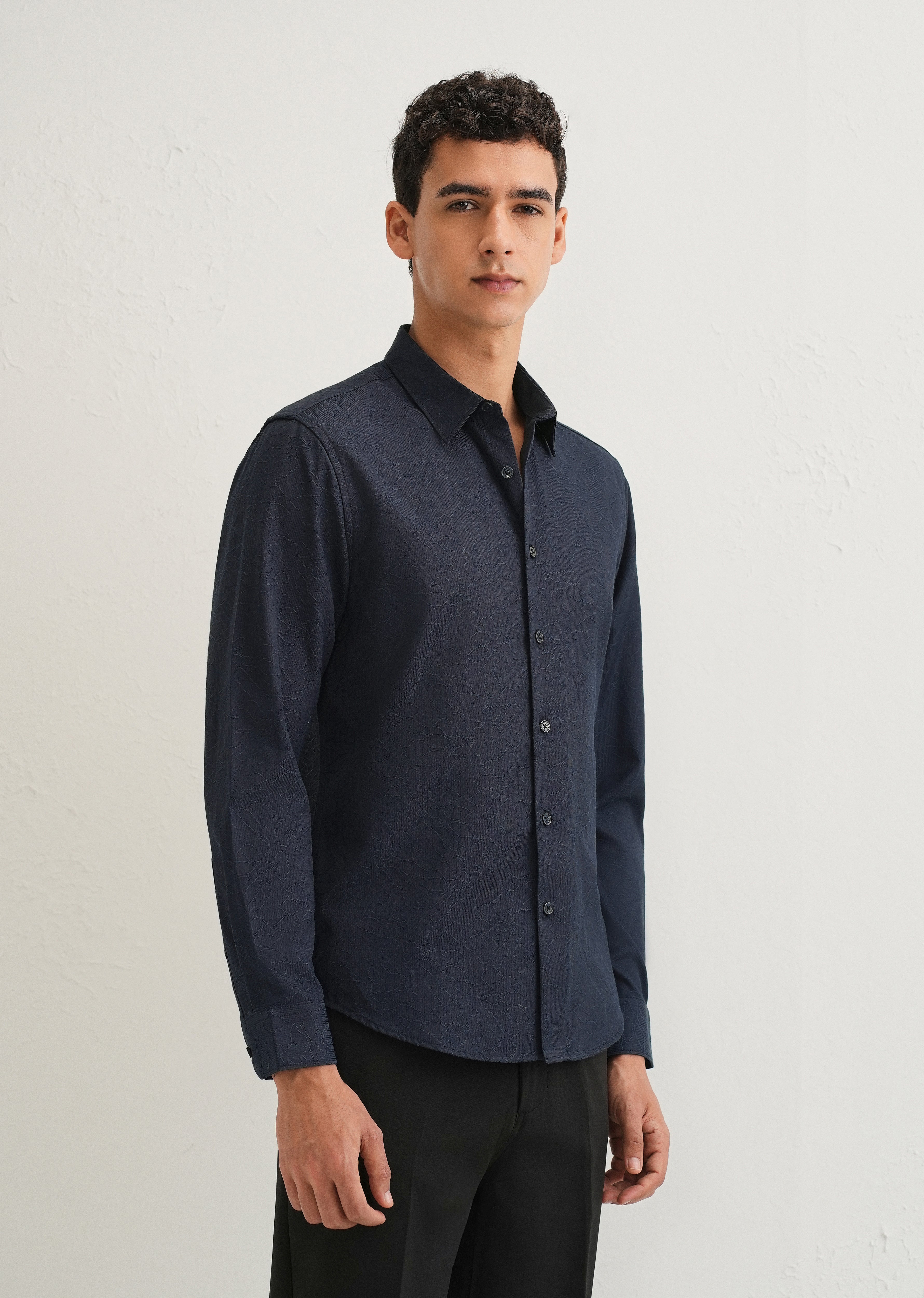 Navy Blue Floral Jacquard Shirt