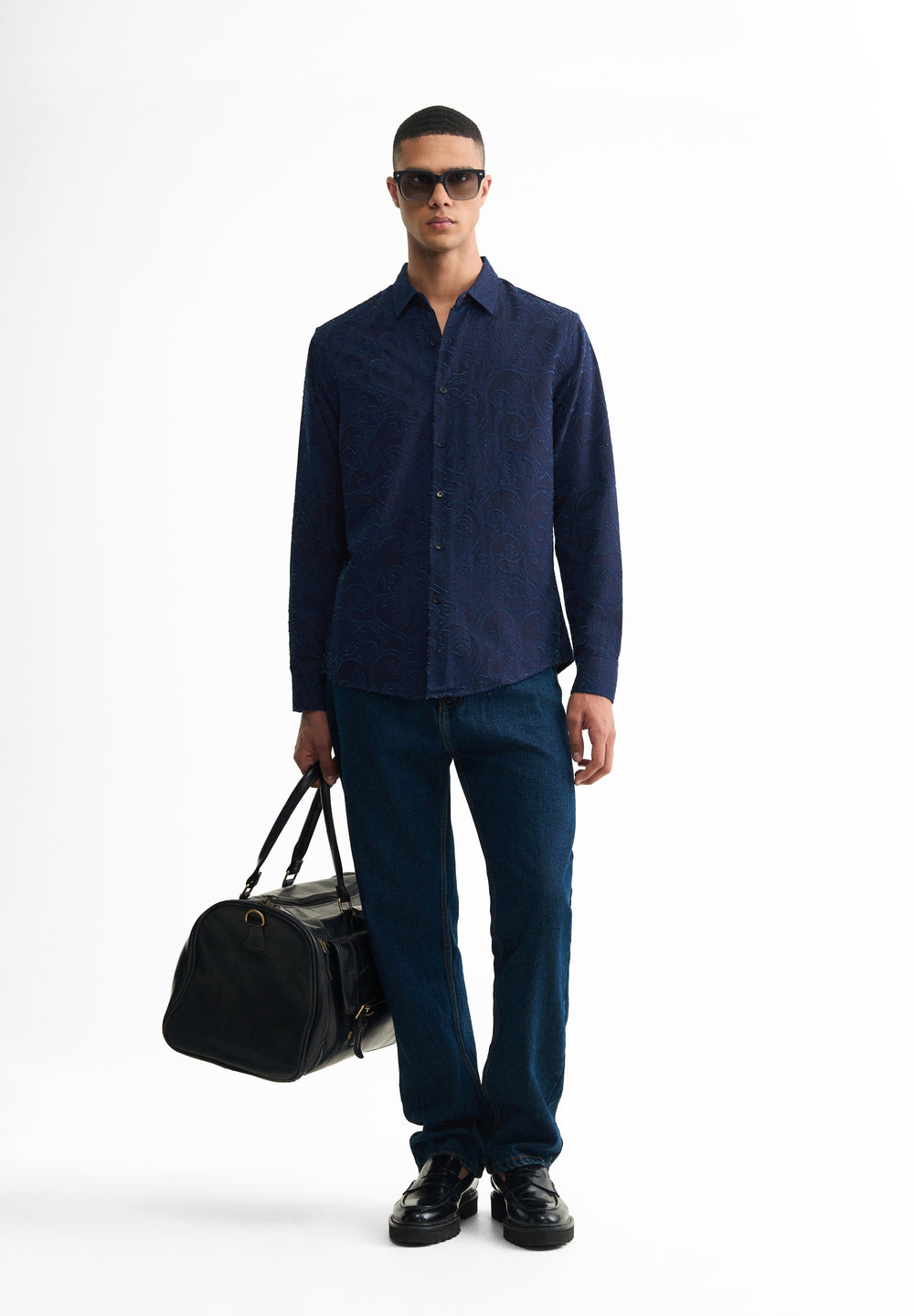 Navy Blue Floral Jacquard Shirt