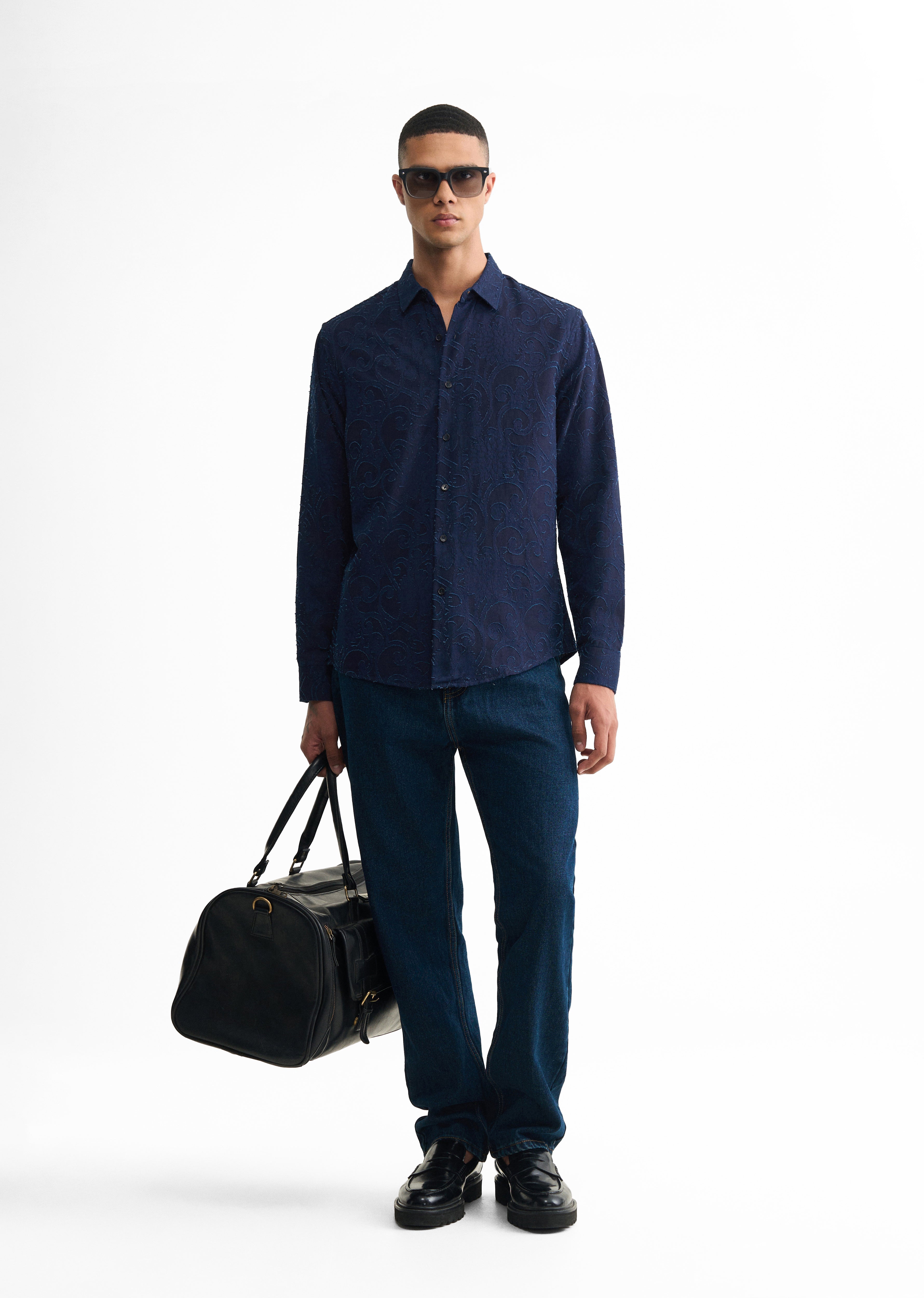 Navy Blue Floral Jacquard Shirt
