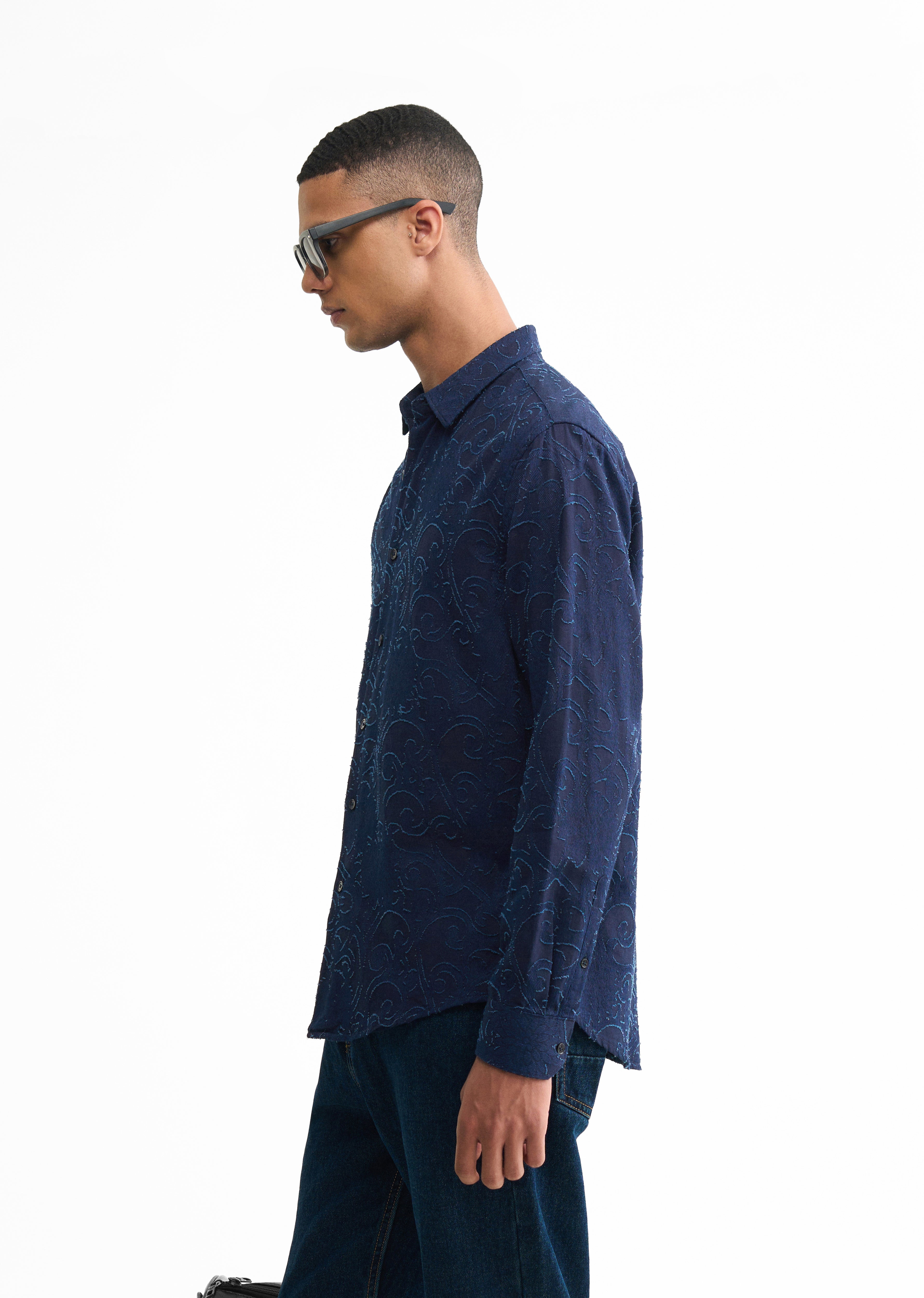 Navy Blue Floral Jacquard Shirt