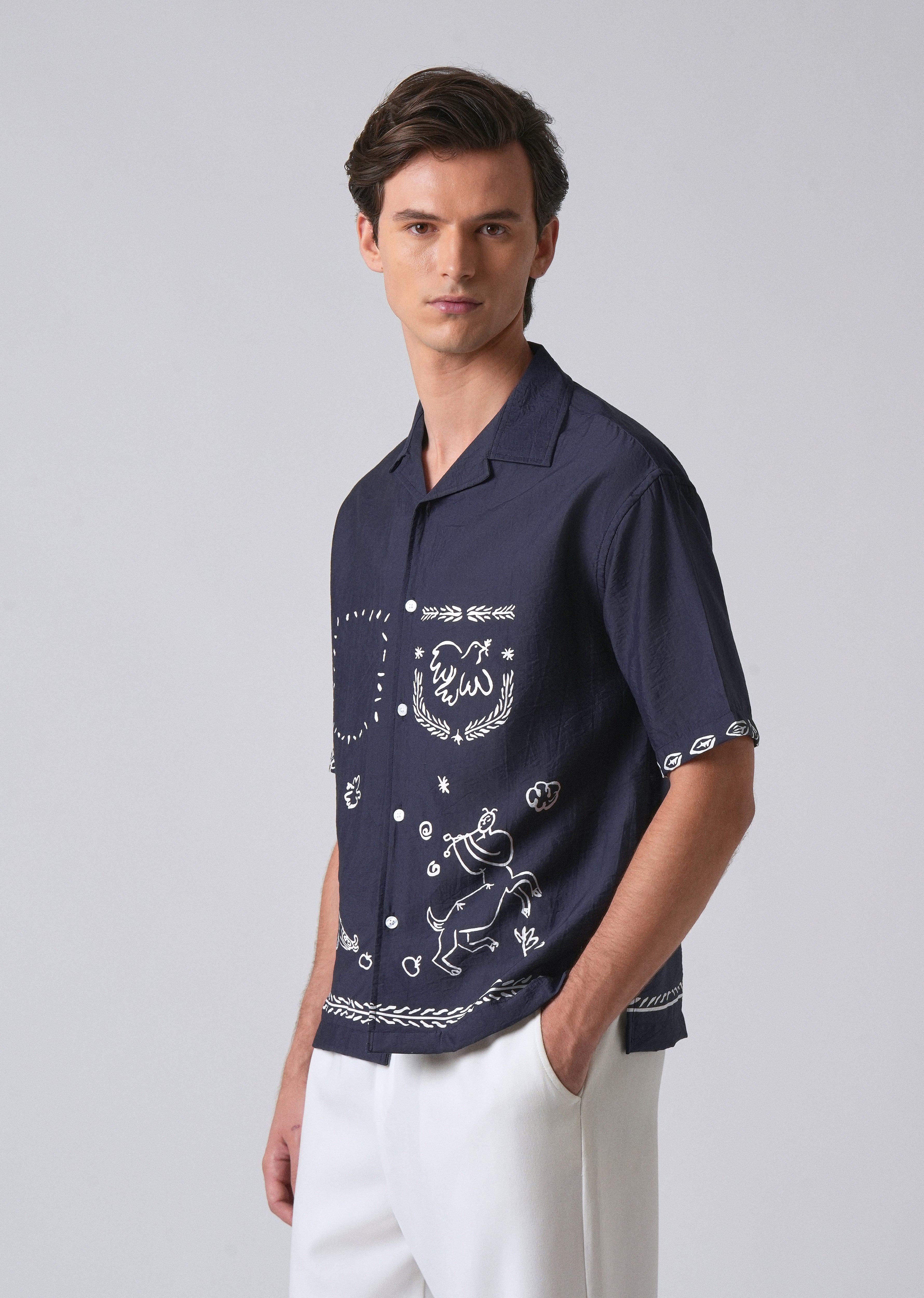 Navy Blue Folk Print Shirt