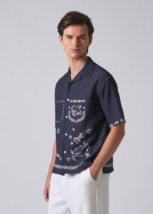 Navy Blue Folk Print Shirt