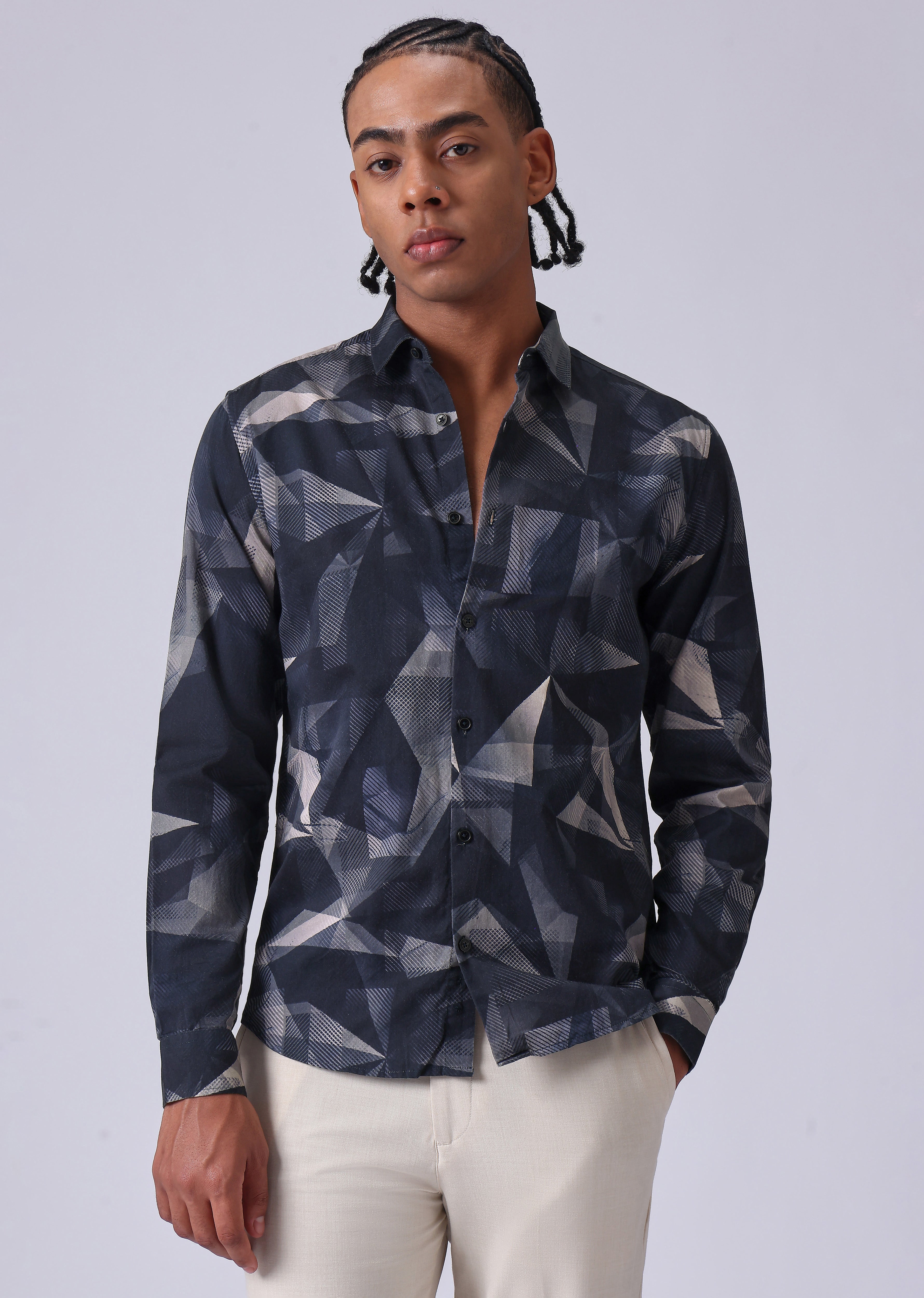 Navy Blue Geometric Print Shirt