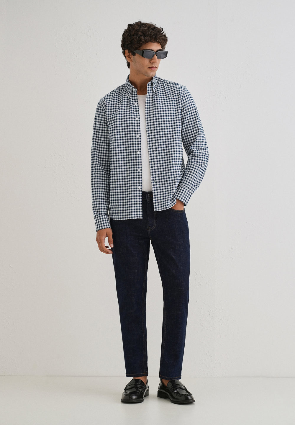 Navy Blue Gingham Check Cotton Oxford Shirt