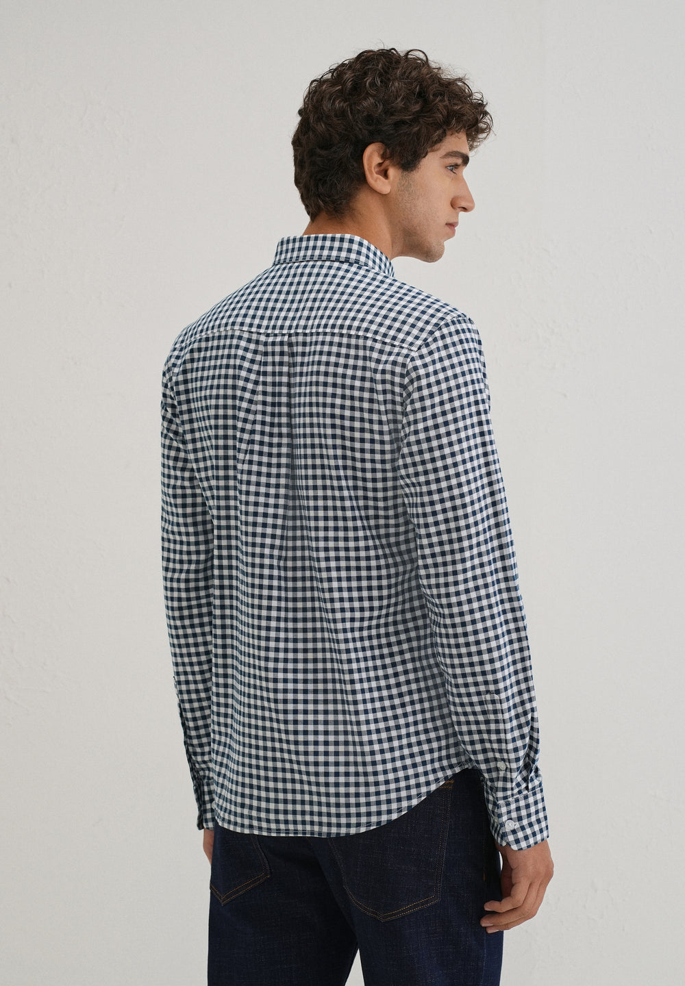 Navy Blue Gingham Check Cotton Oxford Shirt