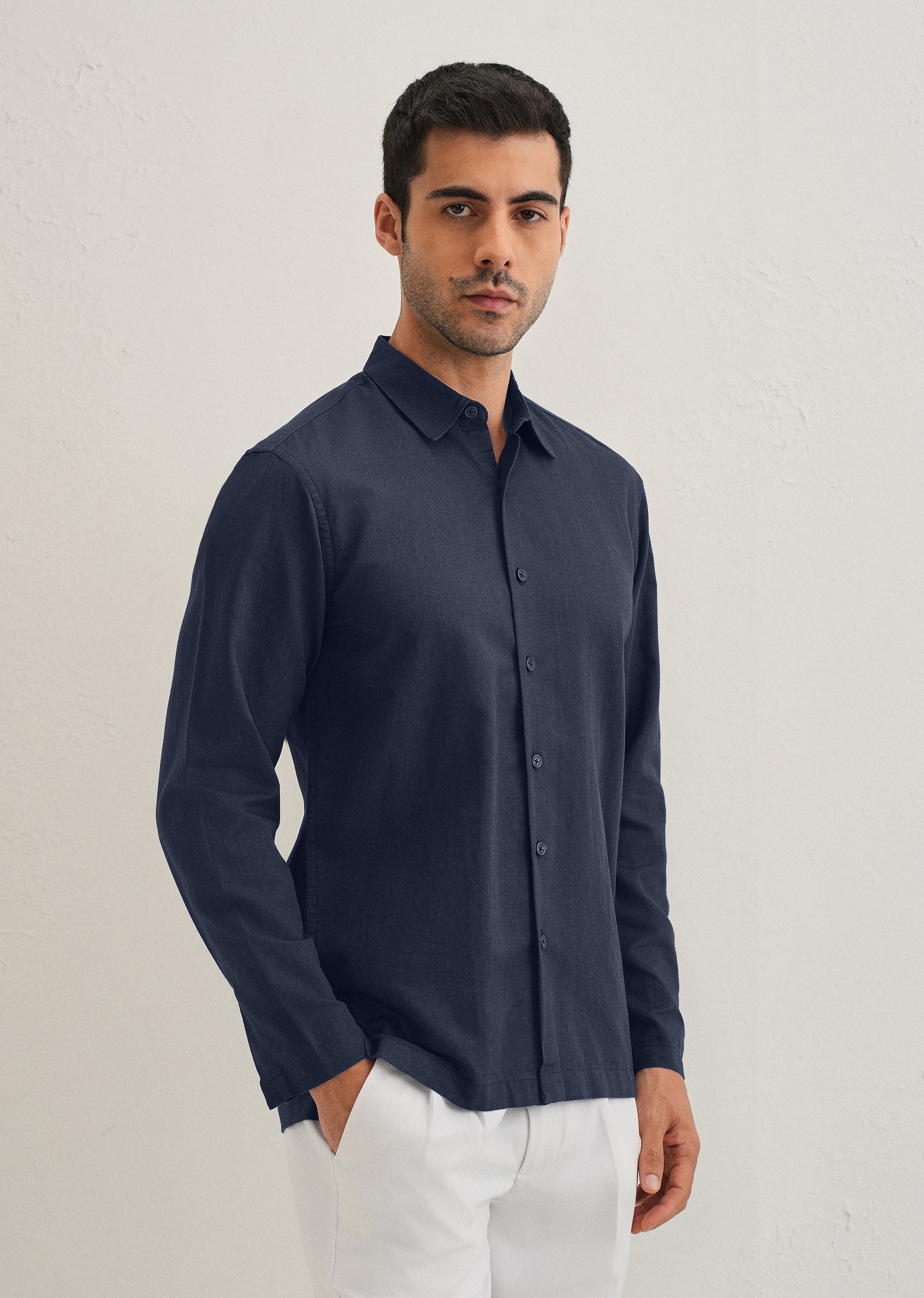 Navy Blue Hidden Sleeve Placket Cotton Linen Shirt