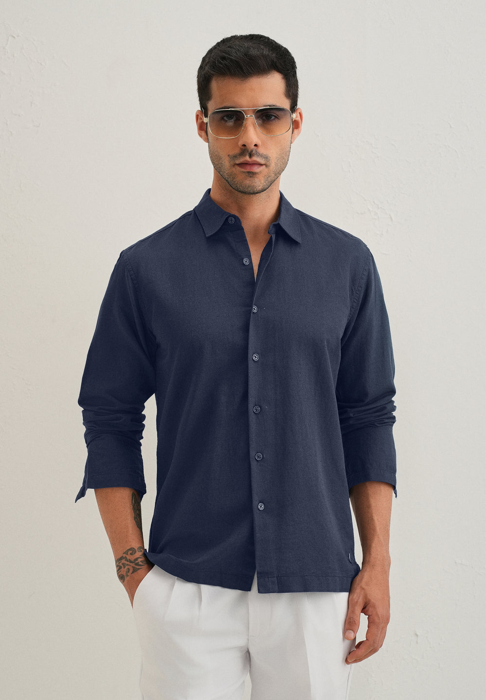Navy Blue Hidden Sleeve Placket Cotton Linen Shirt