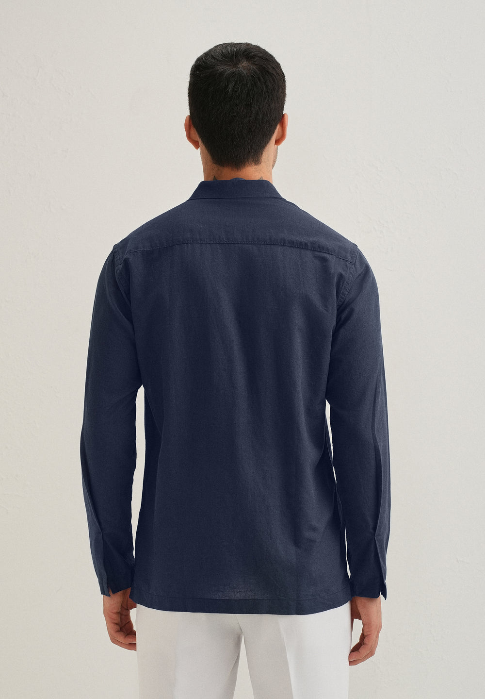 Navy Blue Hidden Sleeve Placket Cotton Linen Shirt
