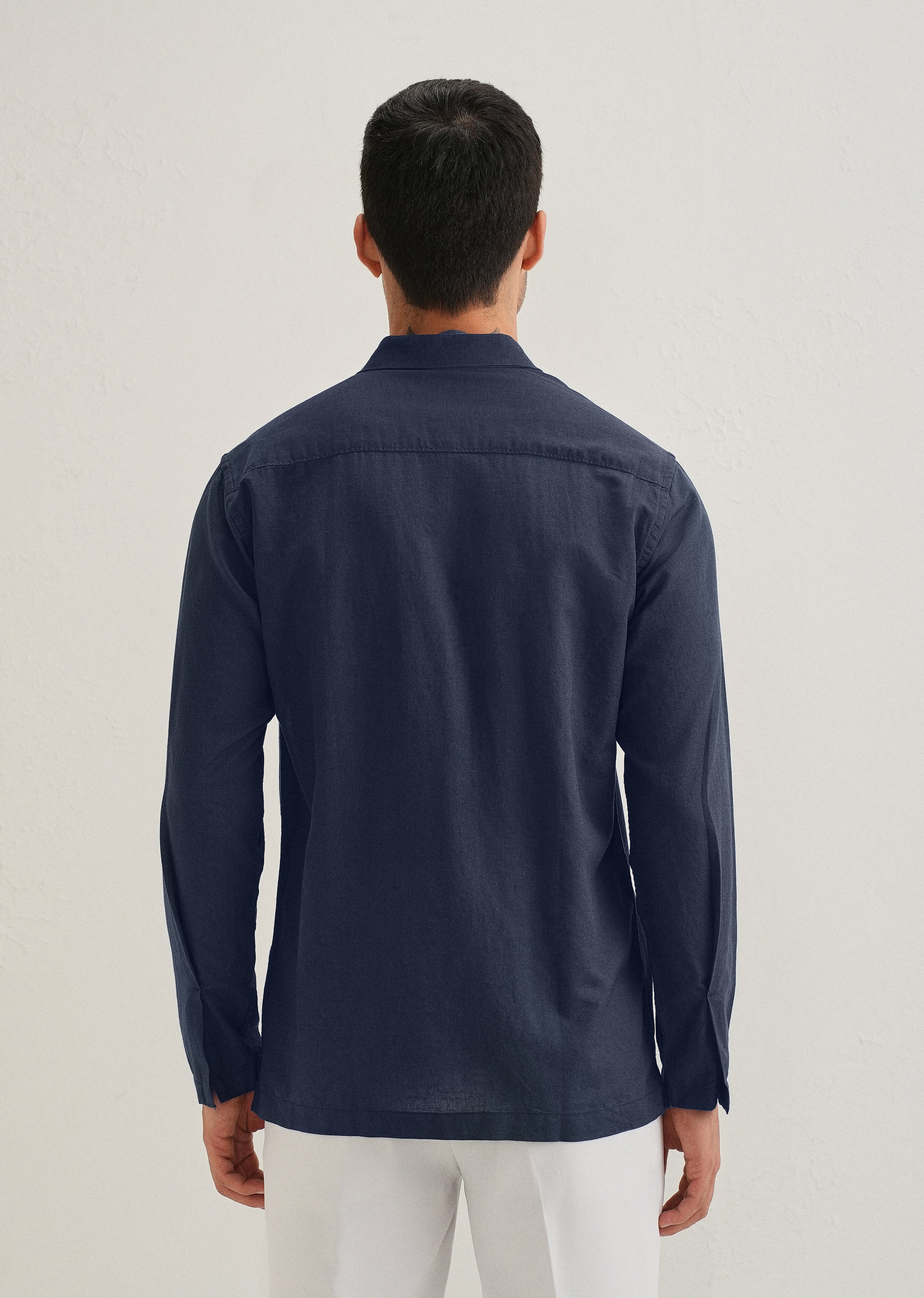 Navy Blue Hidden Sleeve Placket Cotton Linen Shirt