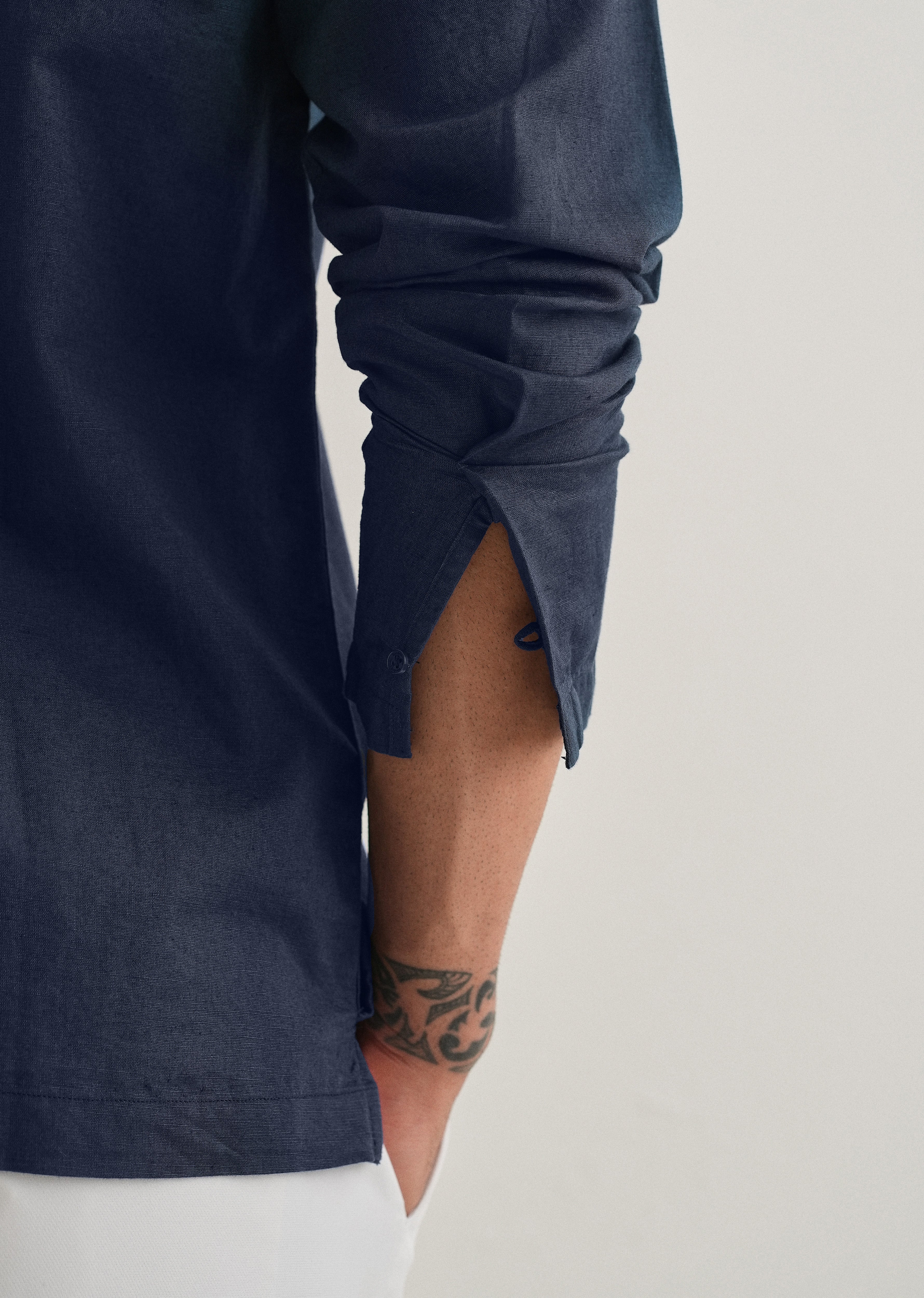 Navy Blue Hidden Sleeve Placket Cotton Linen Shirt