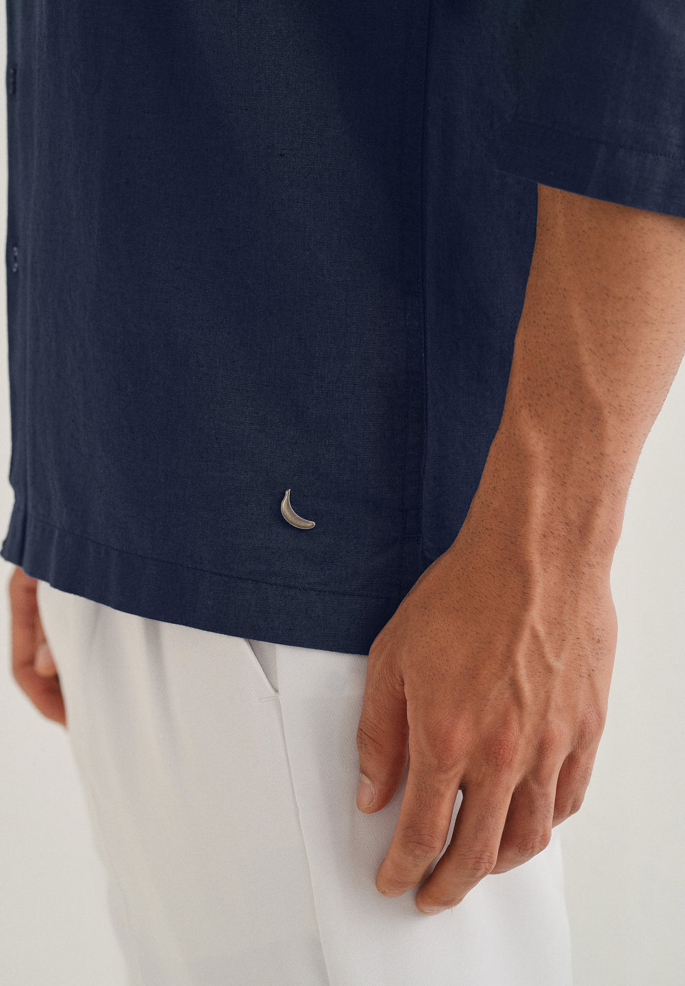 Navy Blue Hidden Sleeve Placket Cotton Linen Shirt