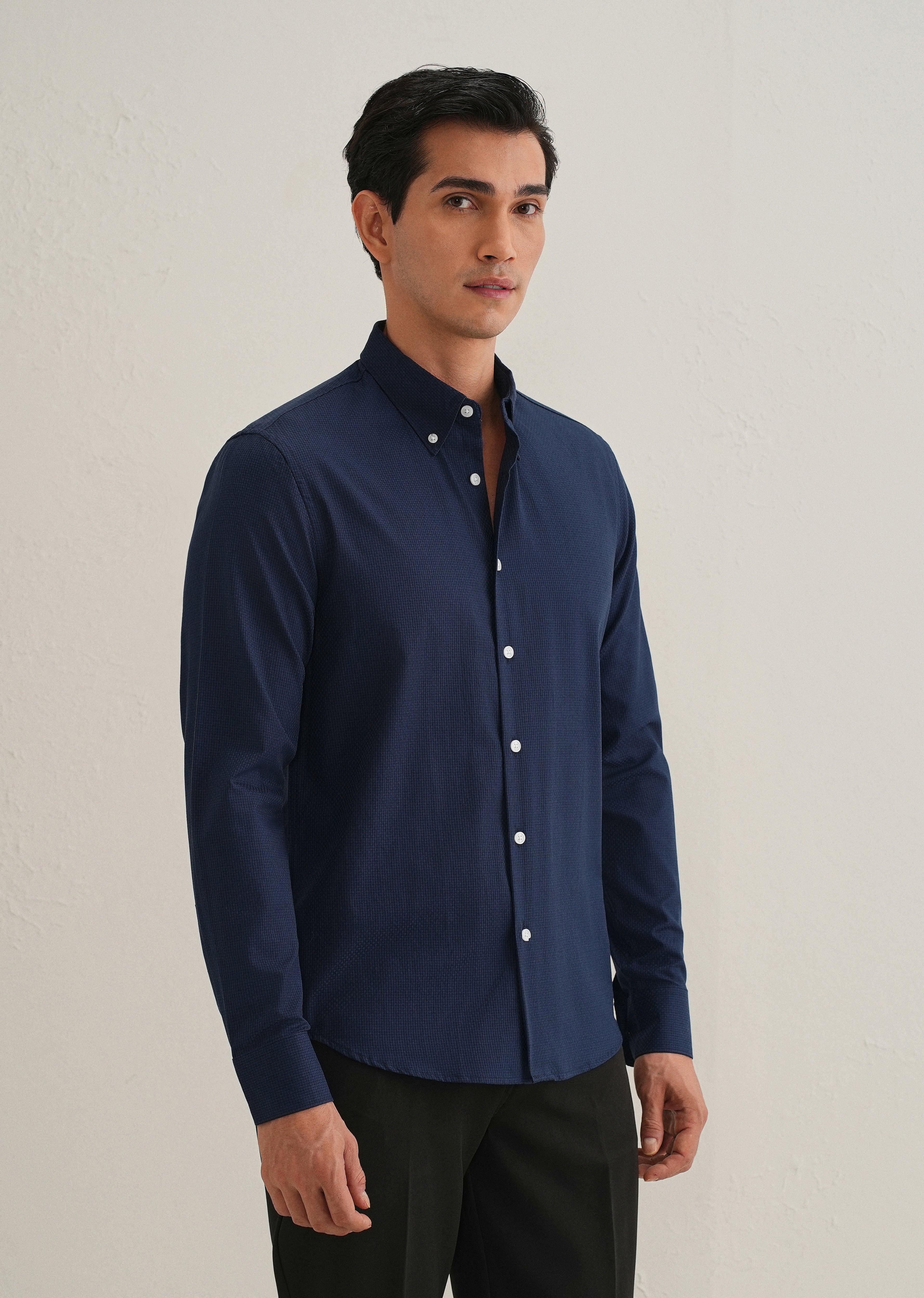 Navy Blue Micro-Check Shirt