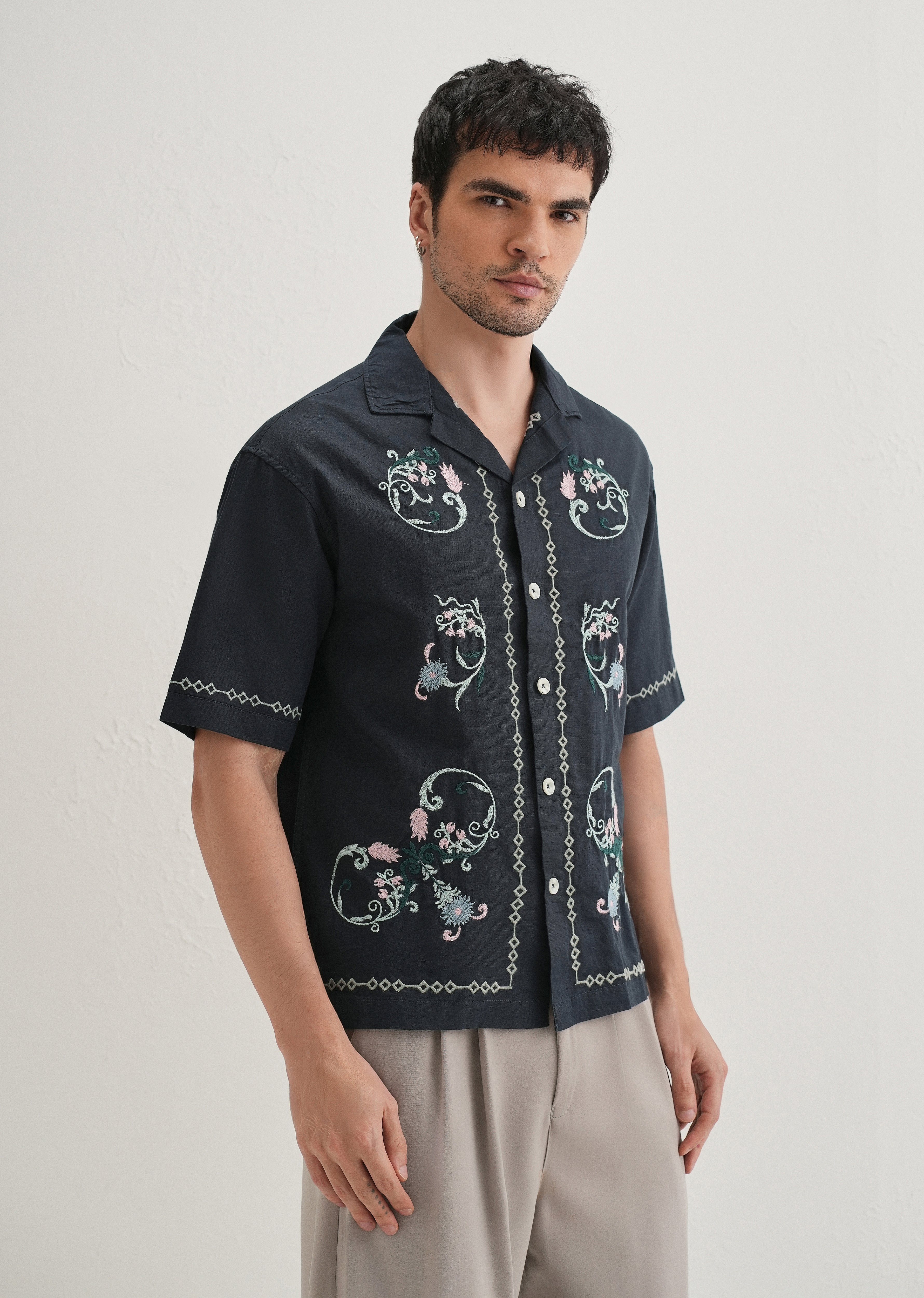 Navy Blue Panel Embroidered Shirt