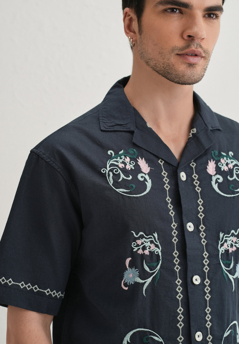 Navy Blue Panel Embroidered Shirt