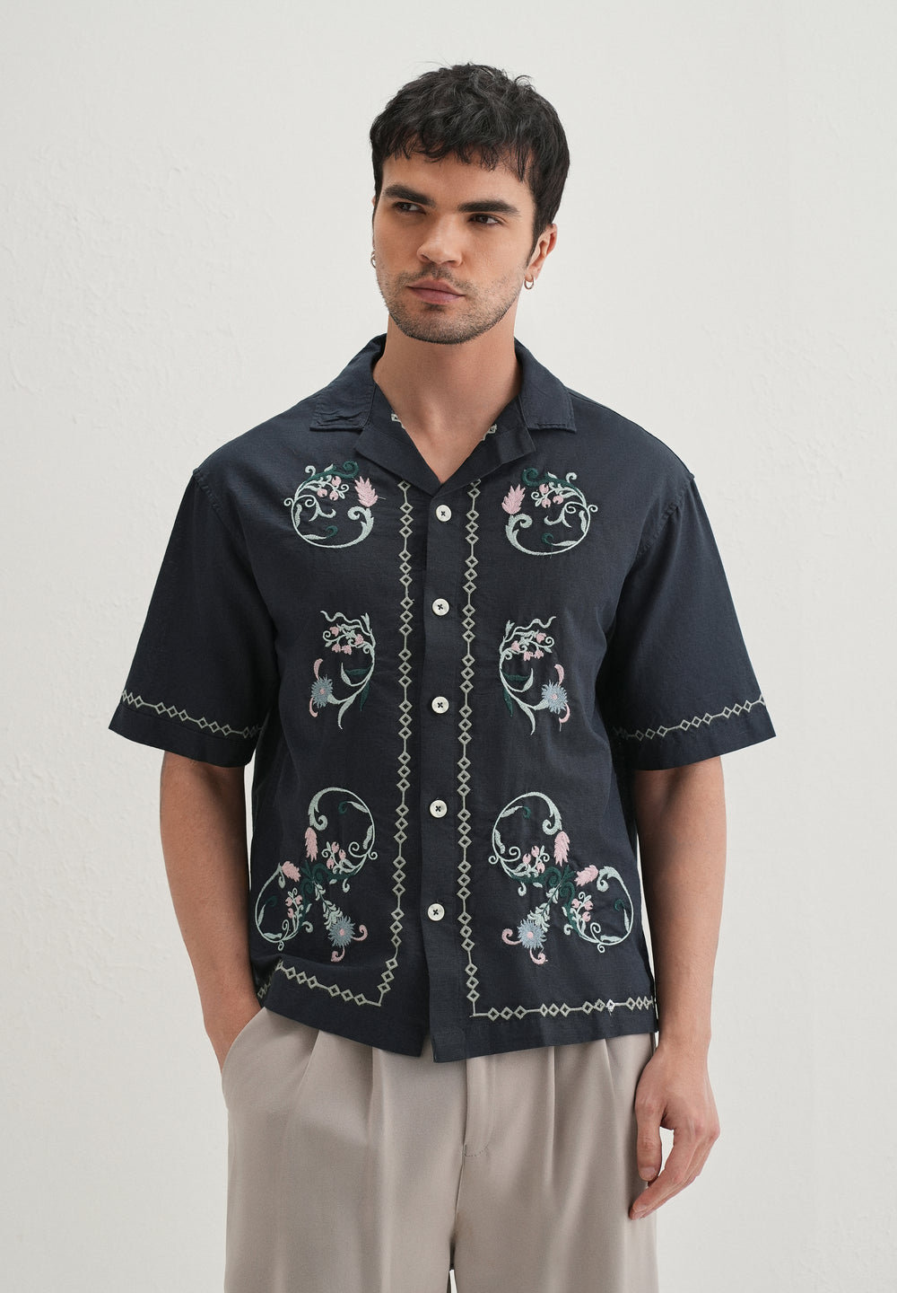 Navy Blue Panel Embroidered Shirt