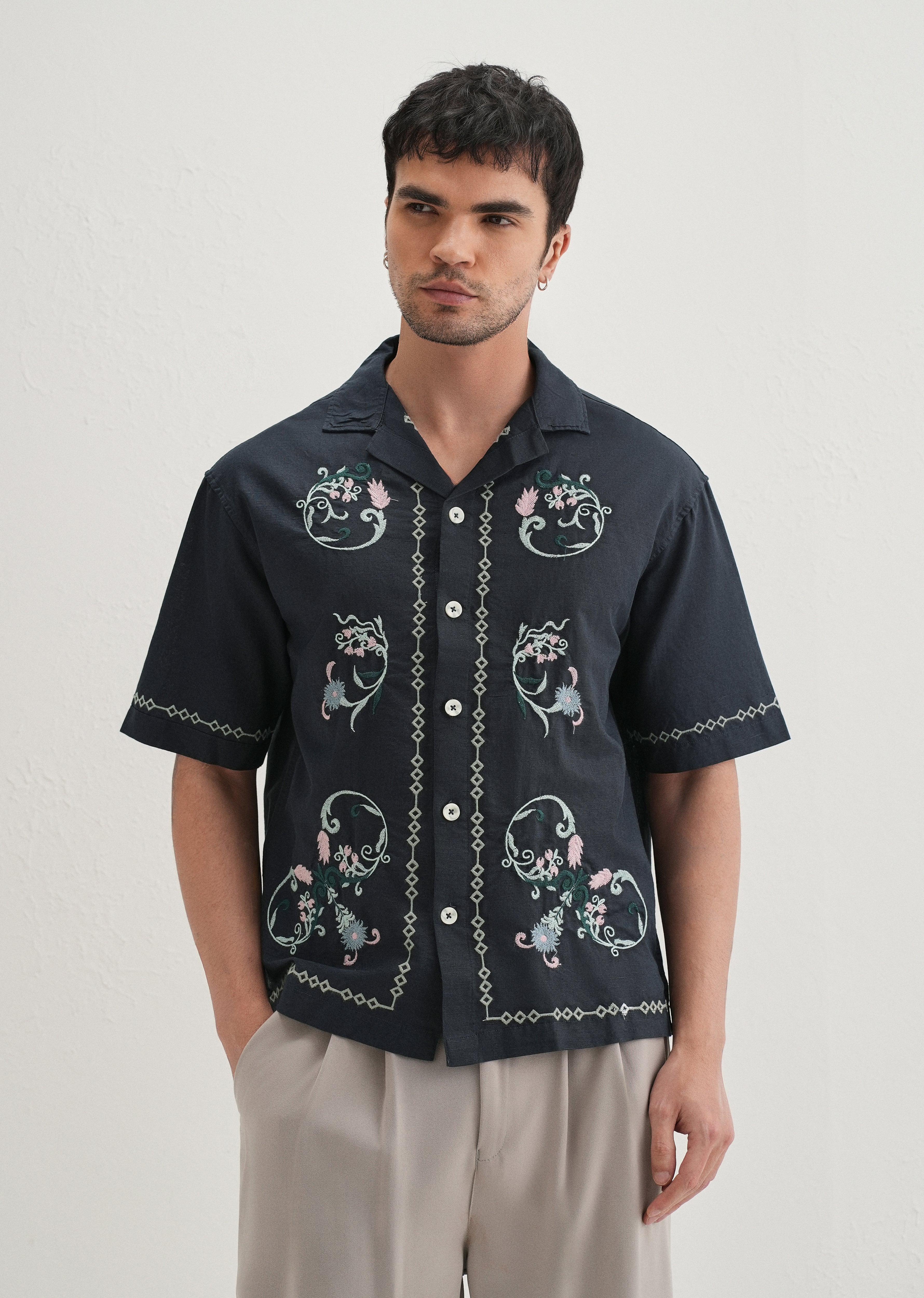 Navy Blue Panel Embroidered Shirt