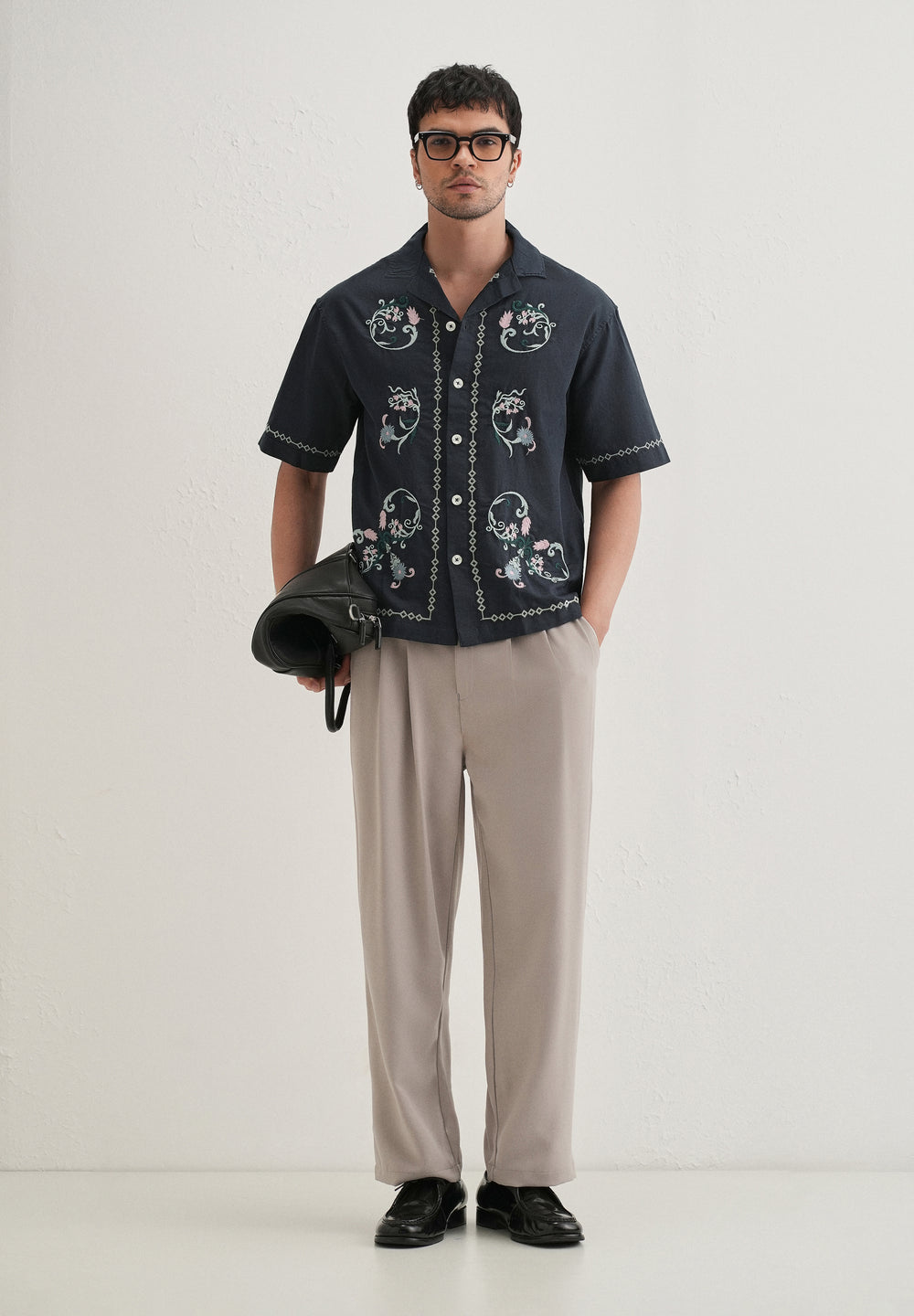 Navy Blue Panel Embroidered Shirt