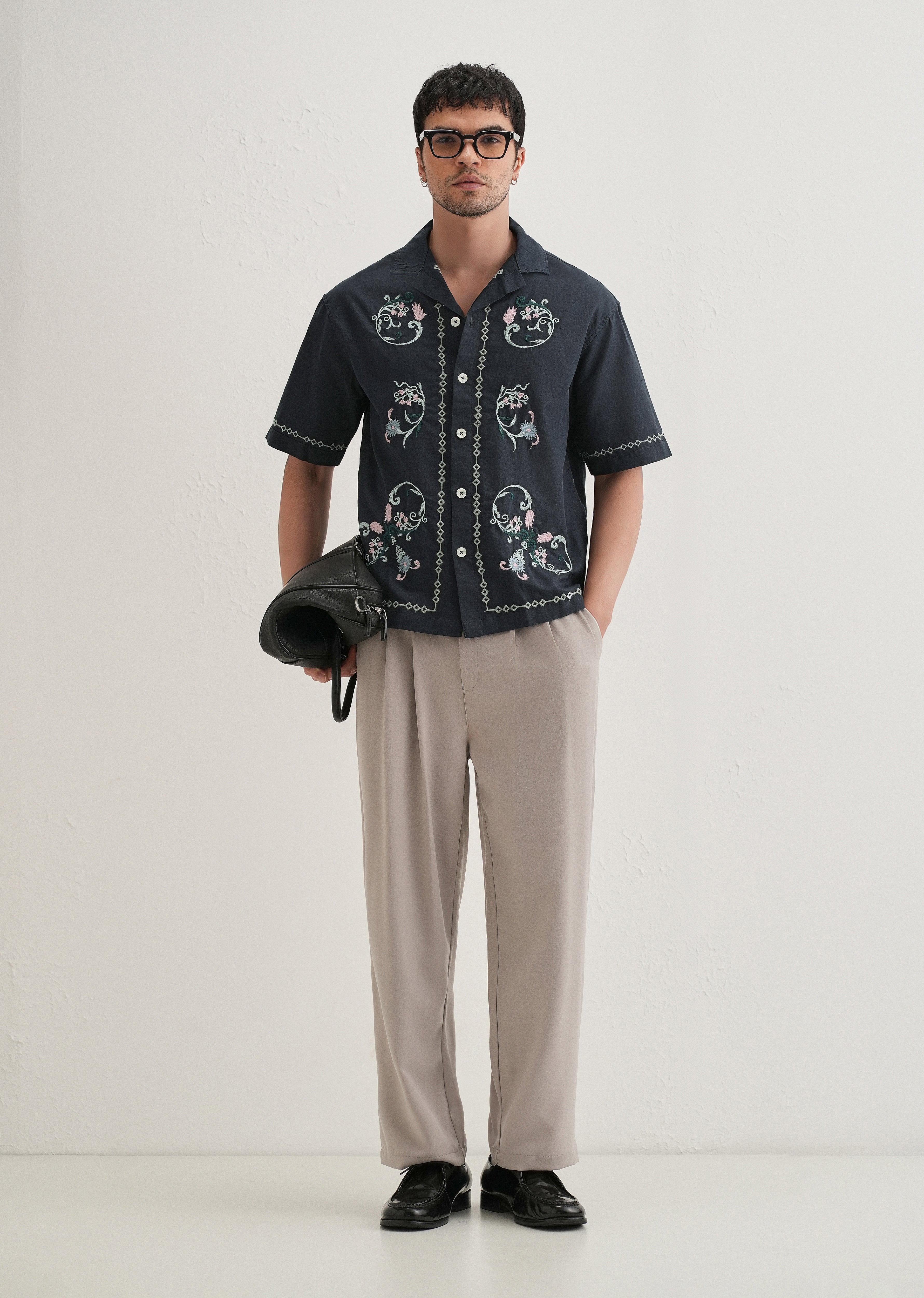 Navy Blue Panel Embroidered Shirt