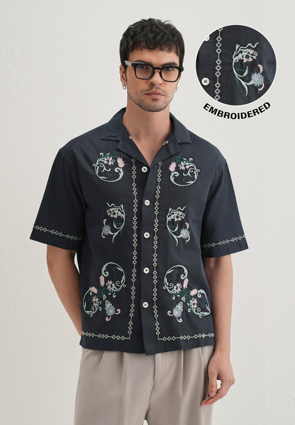 Navy Blue Panel Embroidered Shirt