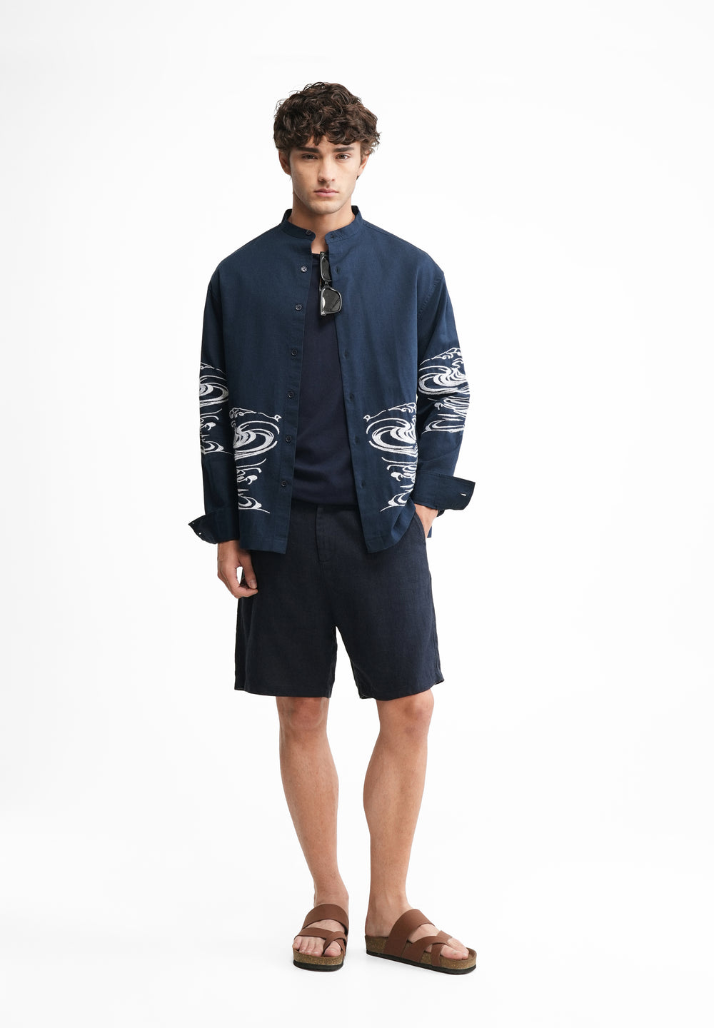 Navy Blue Placement Embroidered Shirt