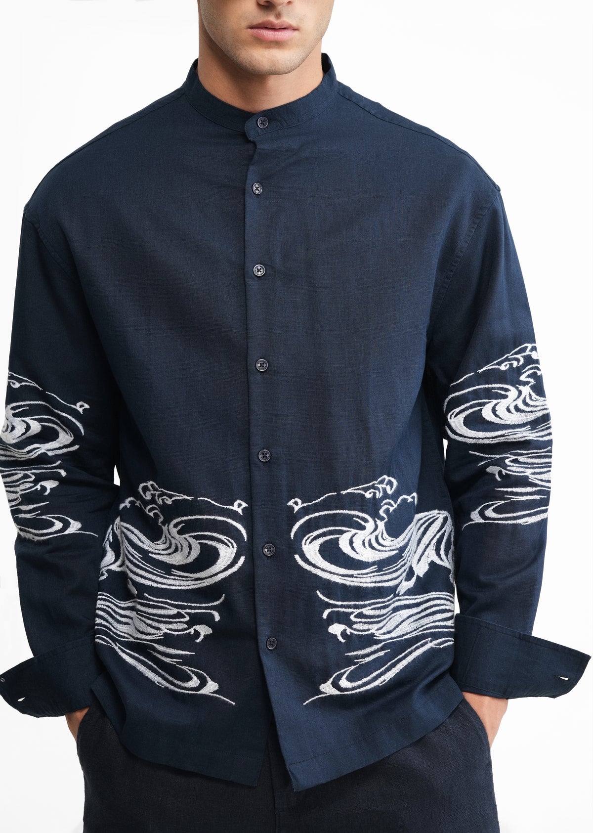 Navy Blue Placement Embroidered Shirt