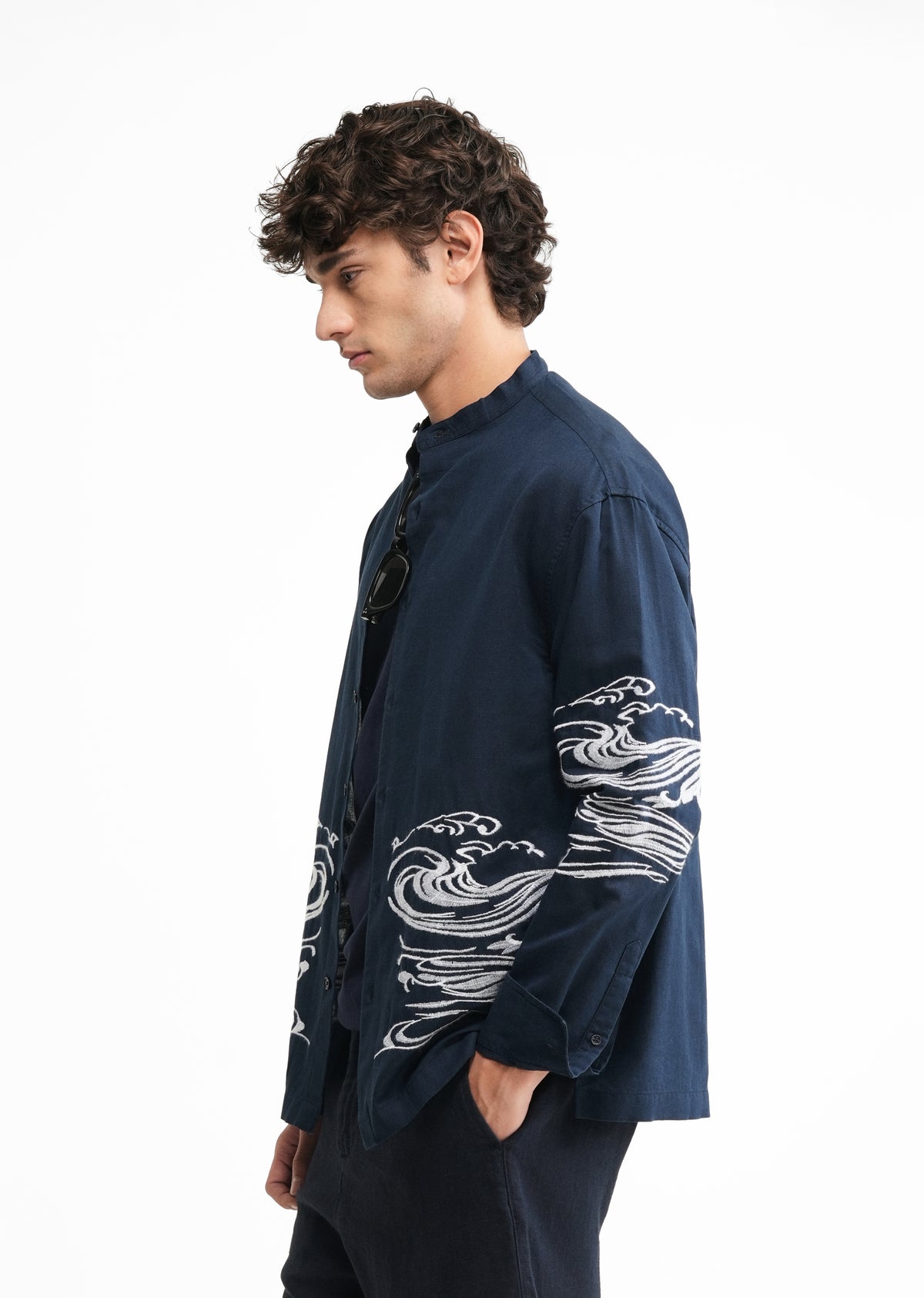 Navy Blue Placement Embroidered Shirt