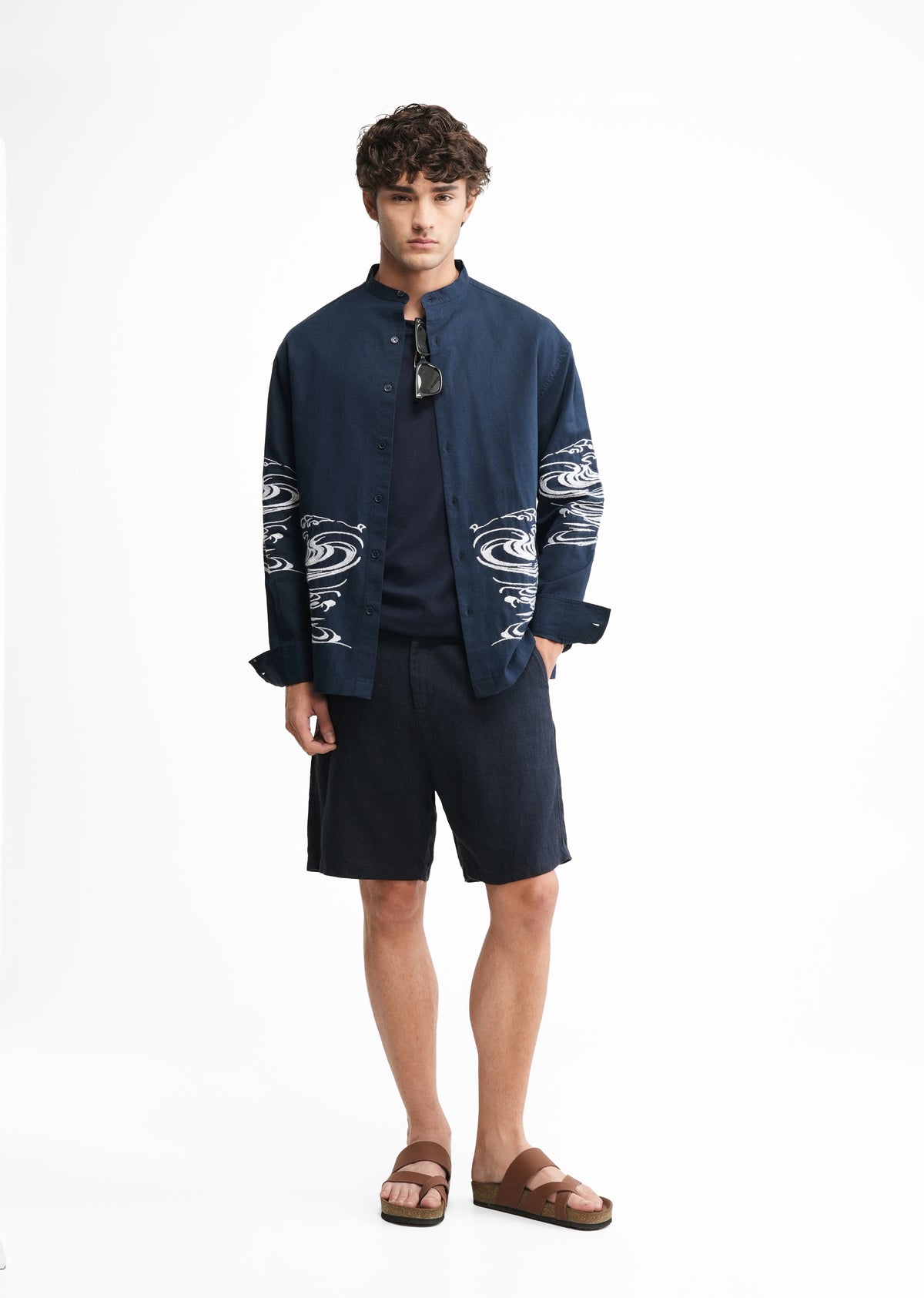 Navy Blue Placement Embroidered Shirt