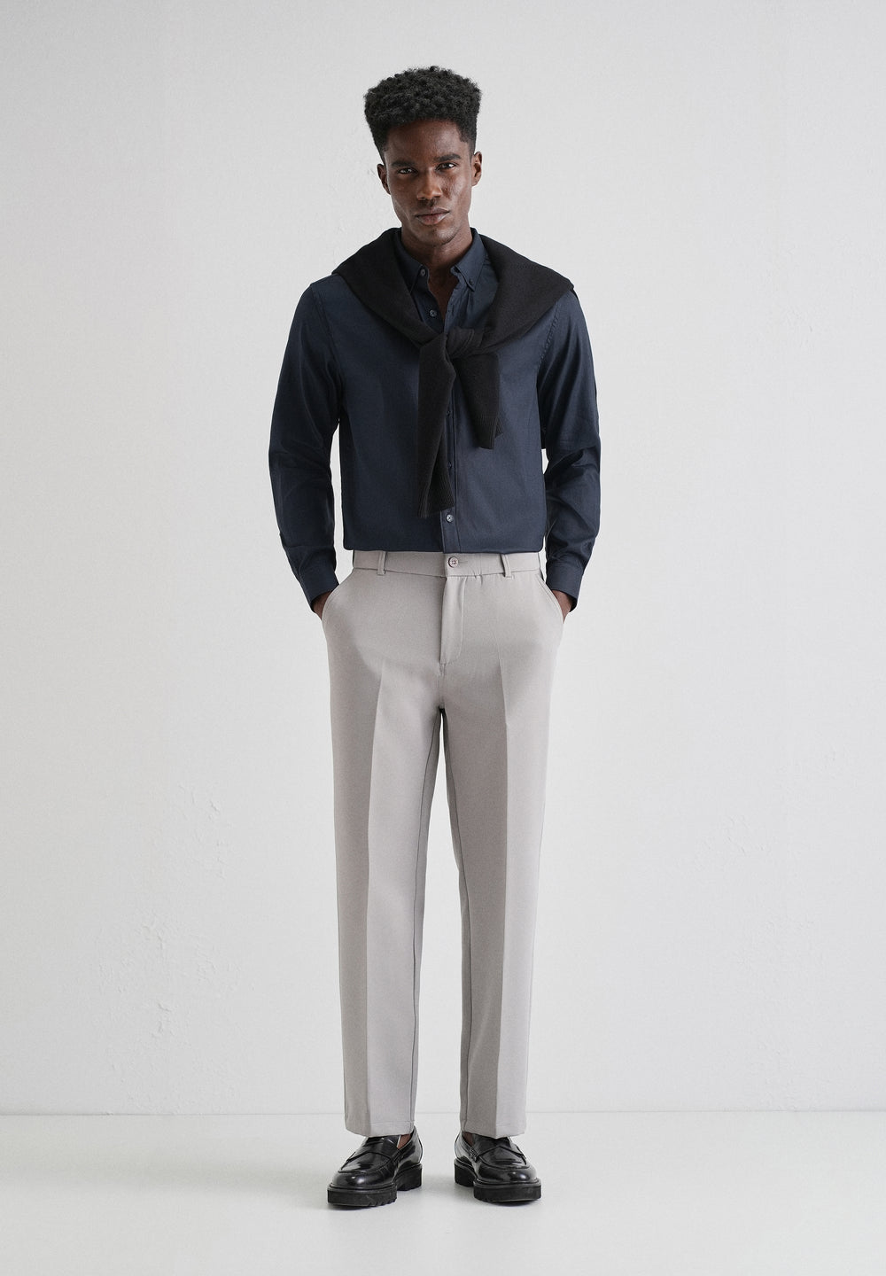 Navy Blue Plain Blended Cotton Regular Fit Shirt