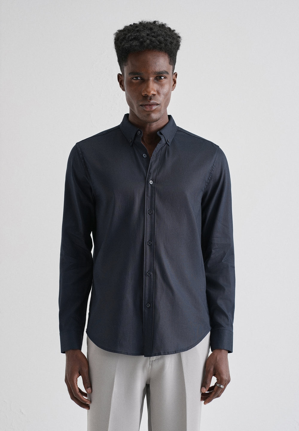 Navy Blue Plain Blended Cotton Regular Fit Shirt