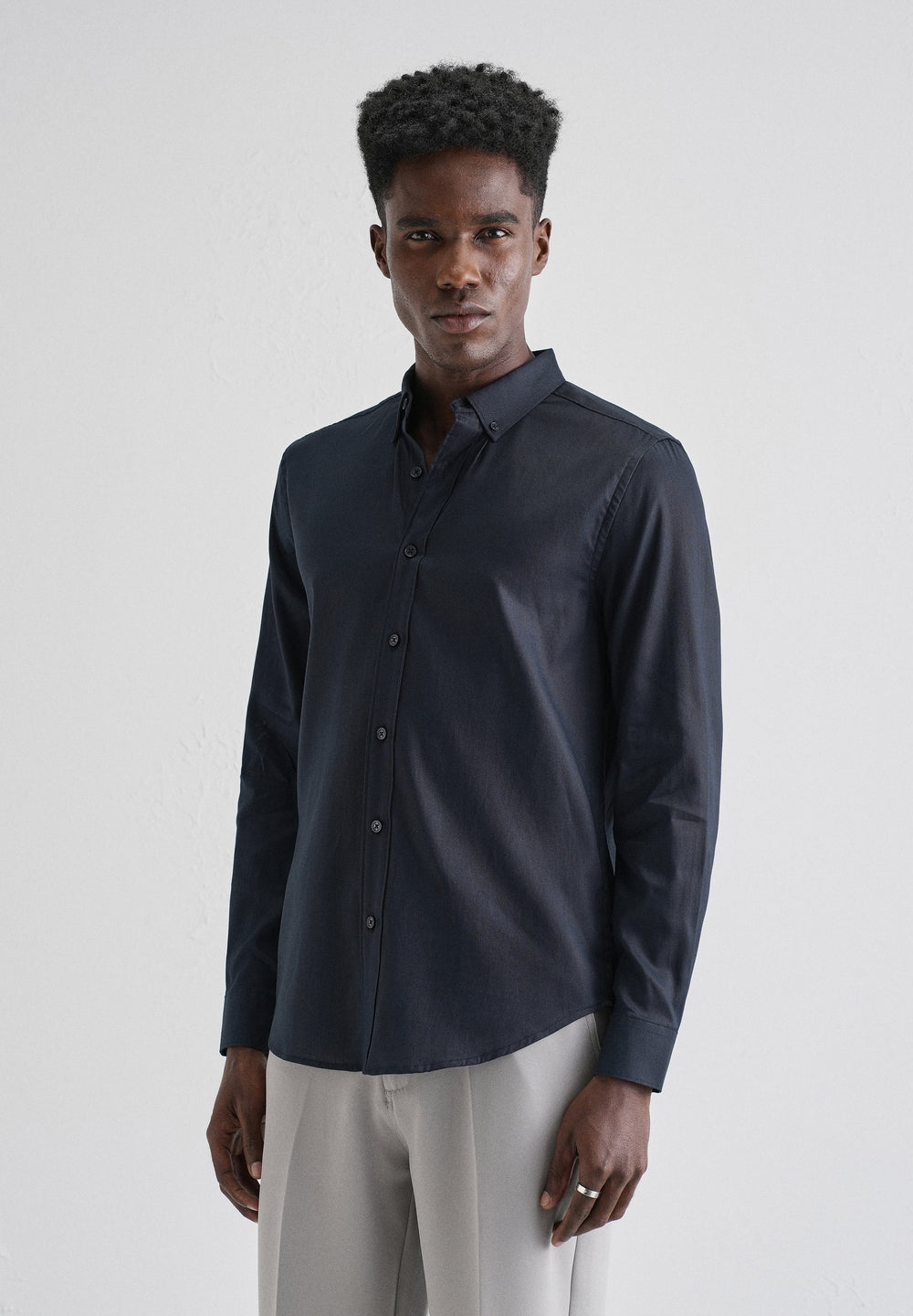Navy Blue Plain Blended Cotton Regular Fit Shirt