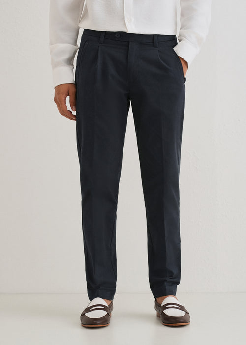 Navy Blue Plain Pleated Chinos
