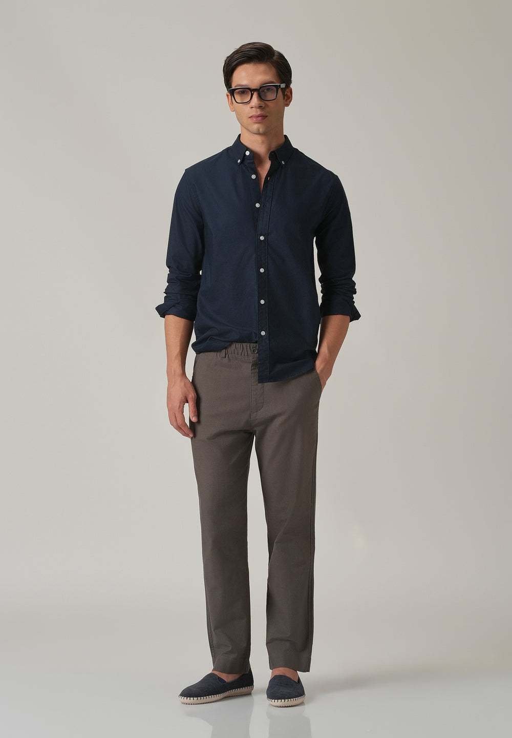 Navy Blue Plain Elbow Patch Oxford Shirt