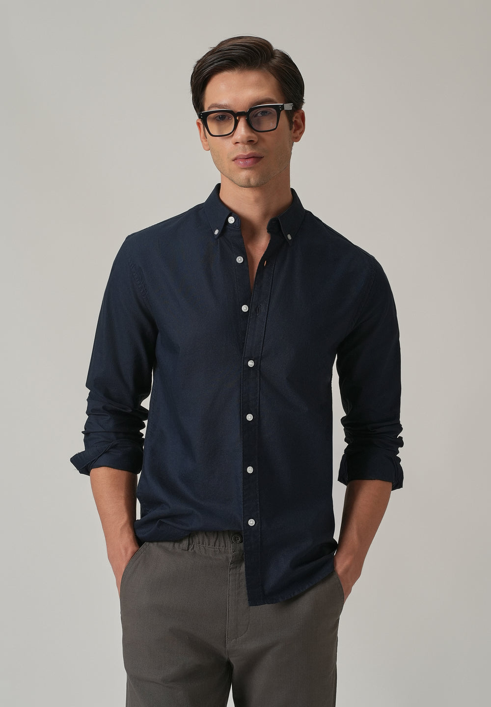 Navy Blue Plain Elbow Patch Oxford Shirt