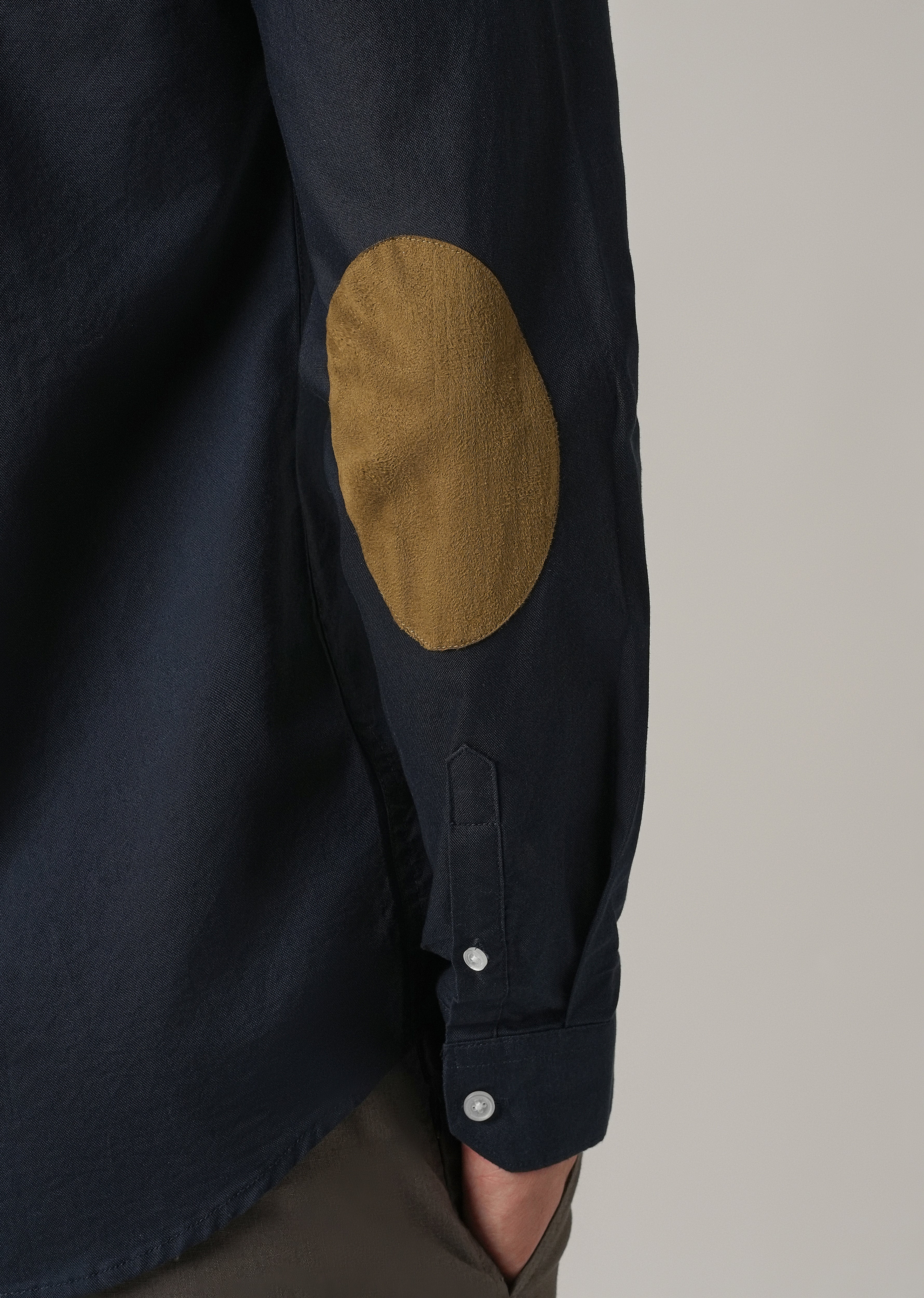 Navy Blue Plain Elbow Patch Oxford Shirt