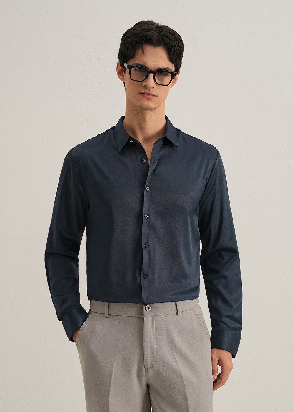 Navy Blue Plain Stitchless Placket Shirt
