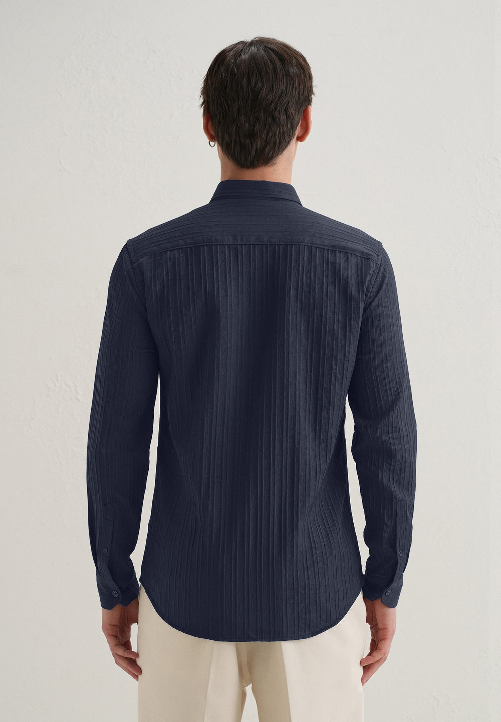 Navy Blue Plain Self Striped Shirt