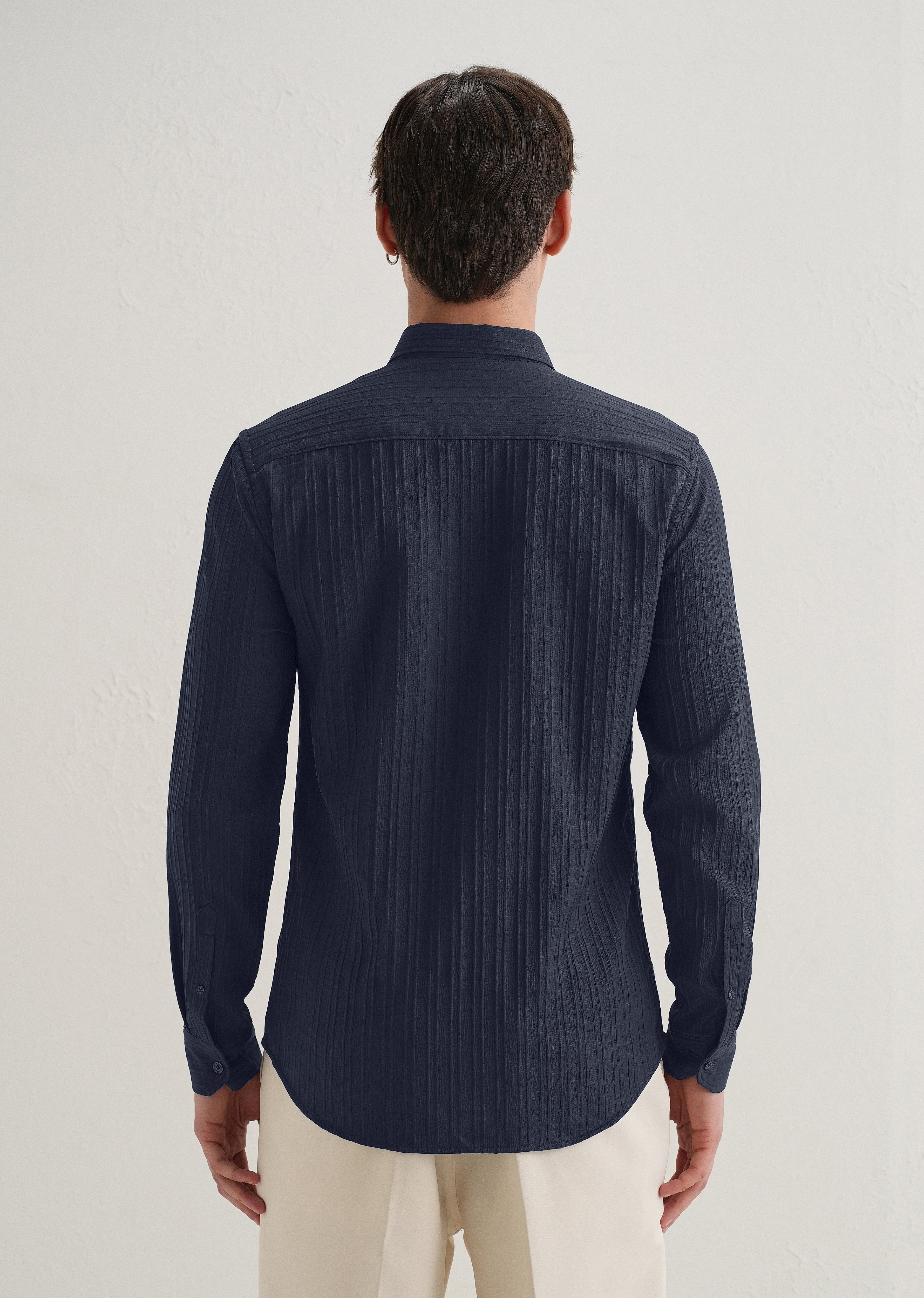Navy Blue Plain Self Striped Shirt