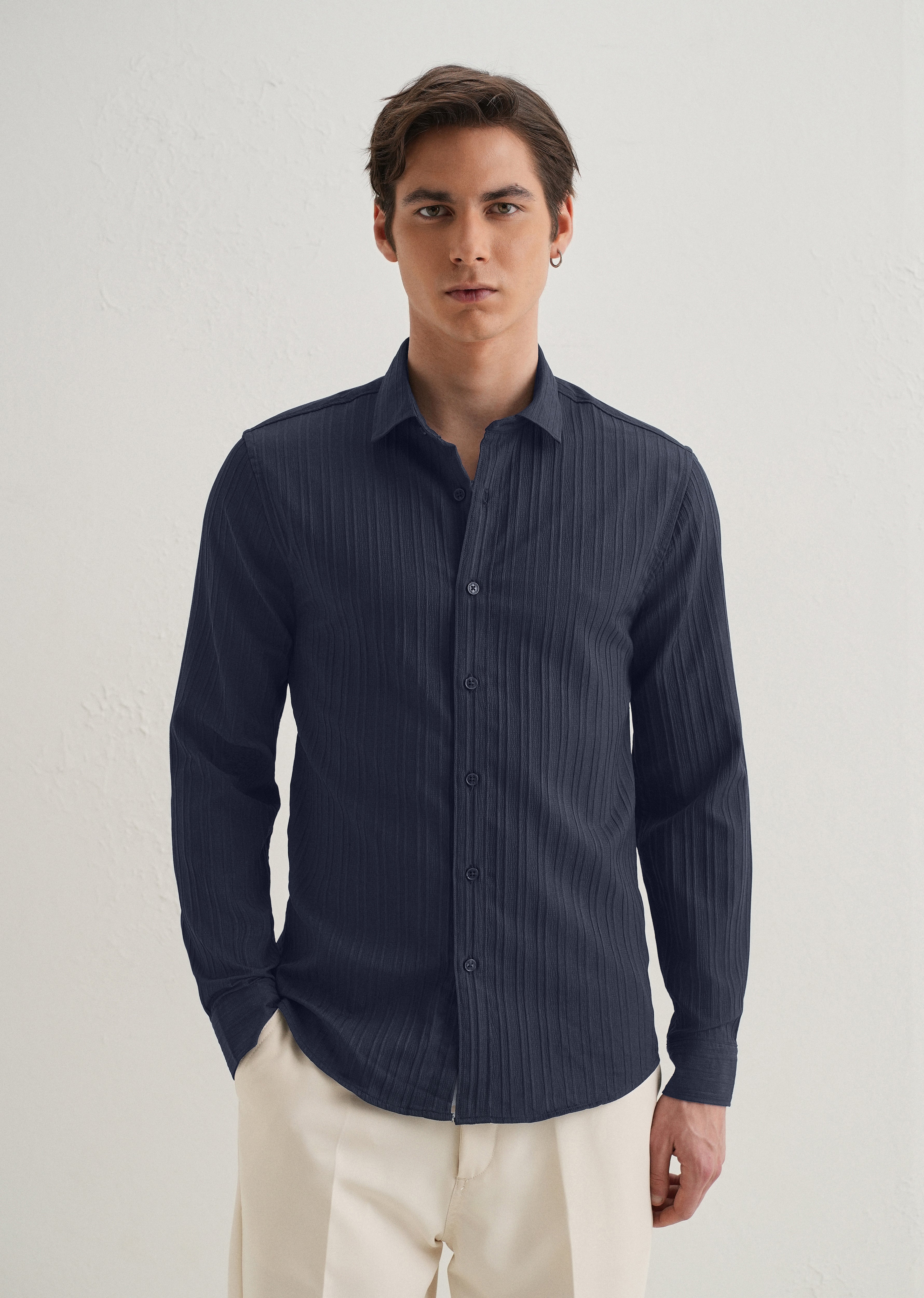 Navy Blue Plain Self Striped Shirt