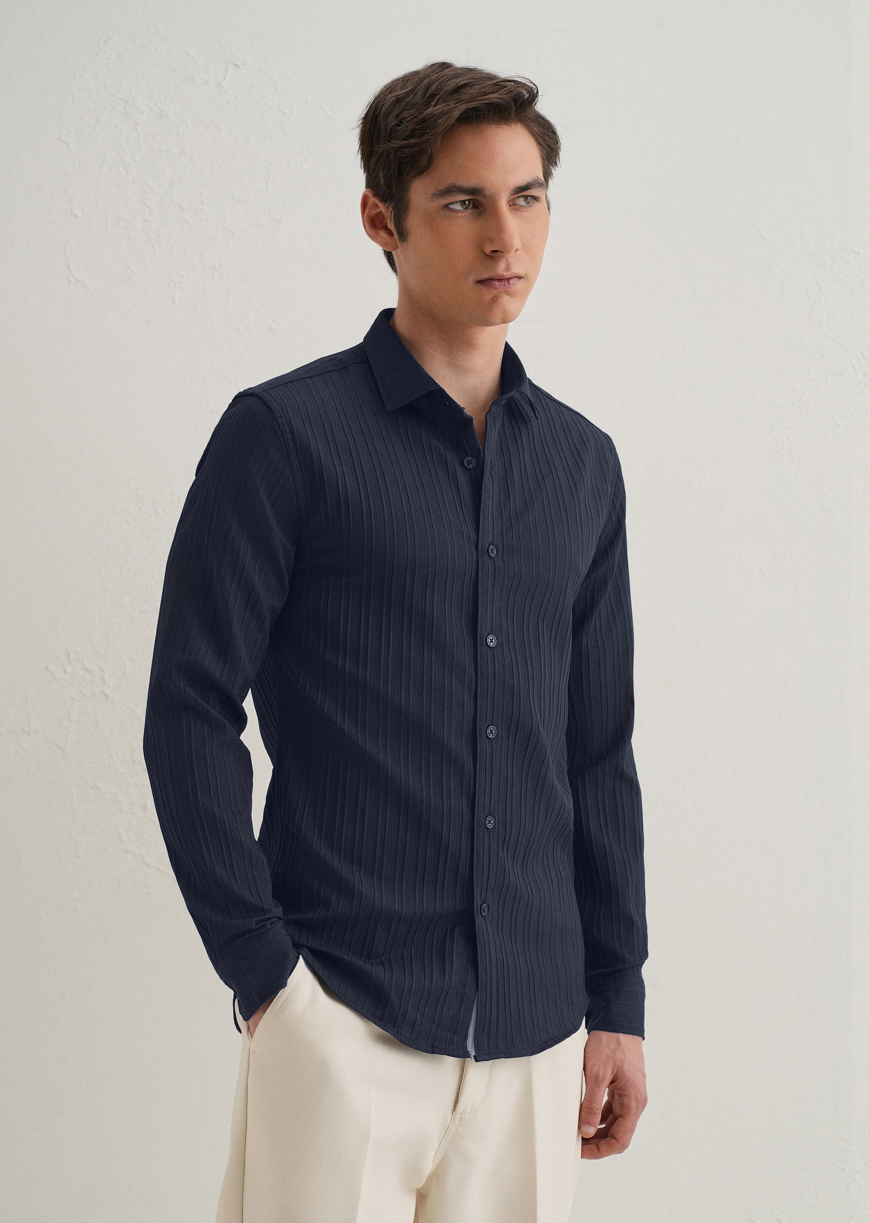 Navy Blue Plain Self Striped Shirt