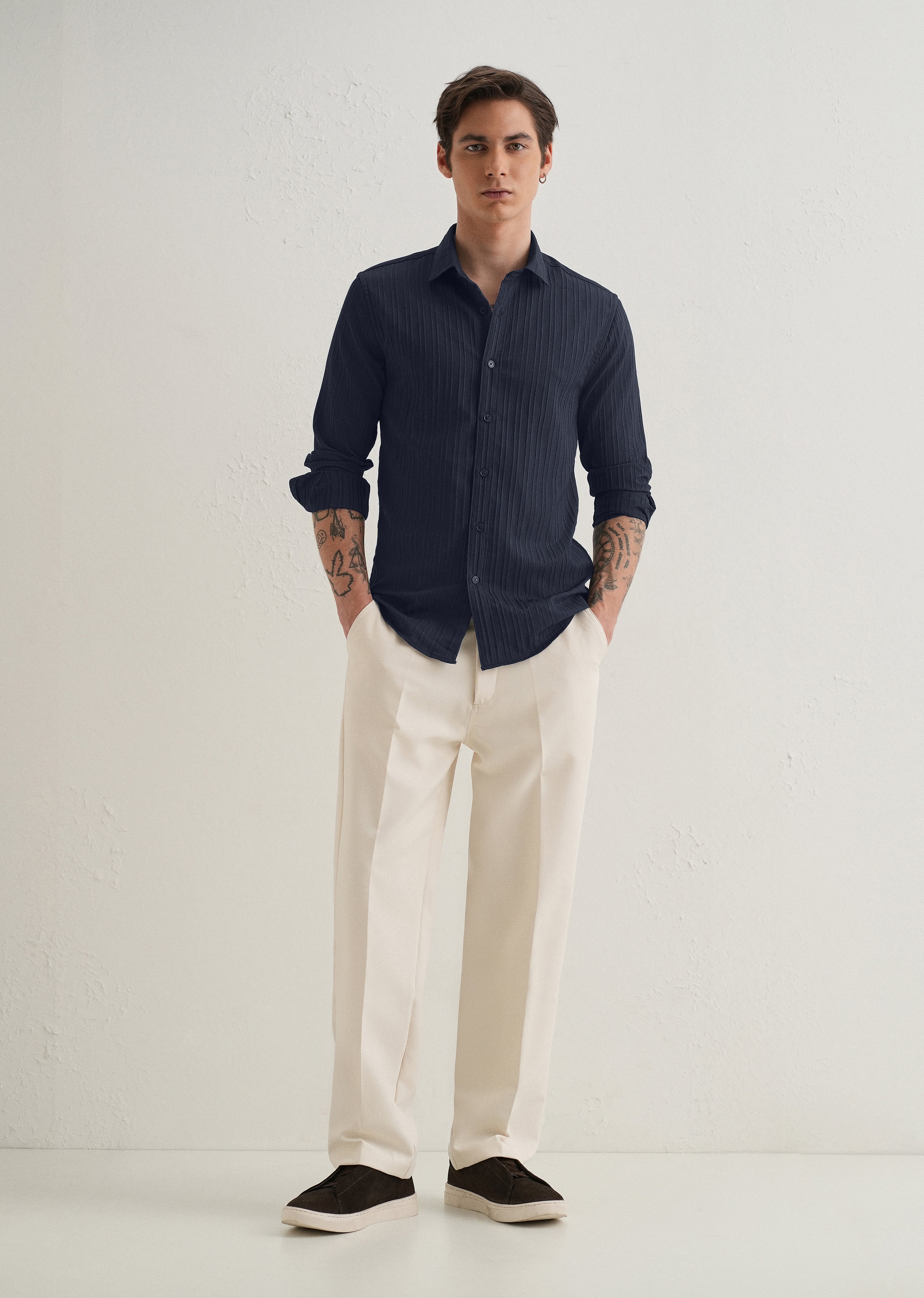 Navy Blue Plain Self Striped Shirt