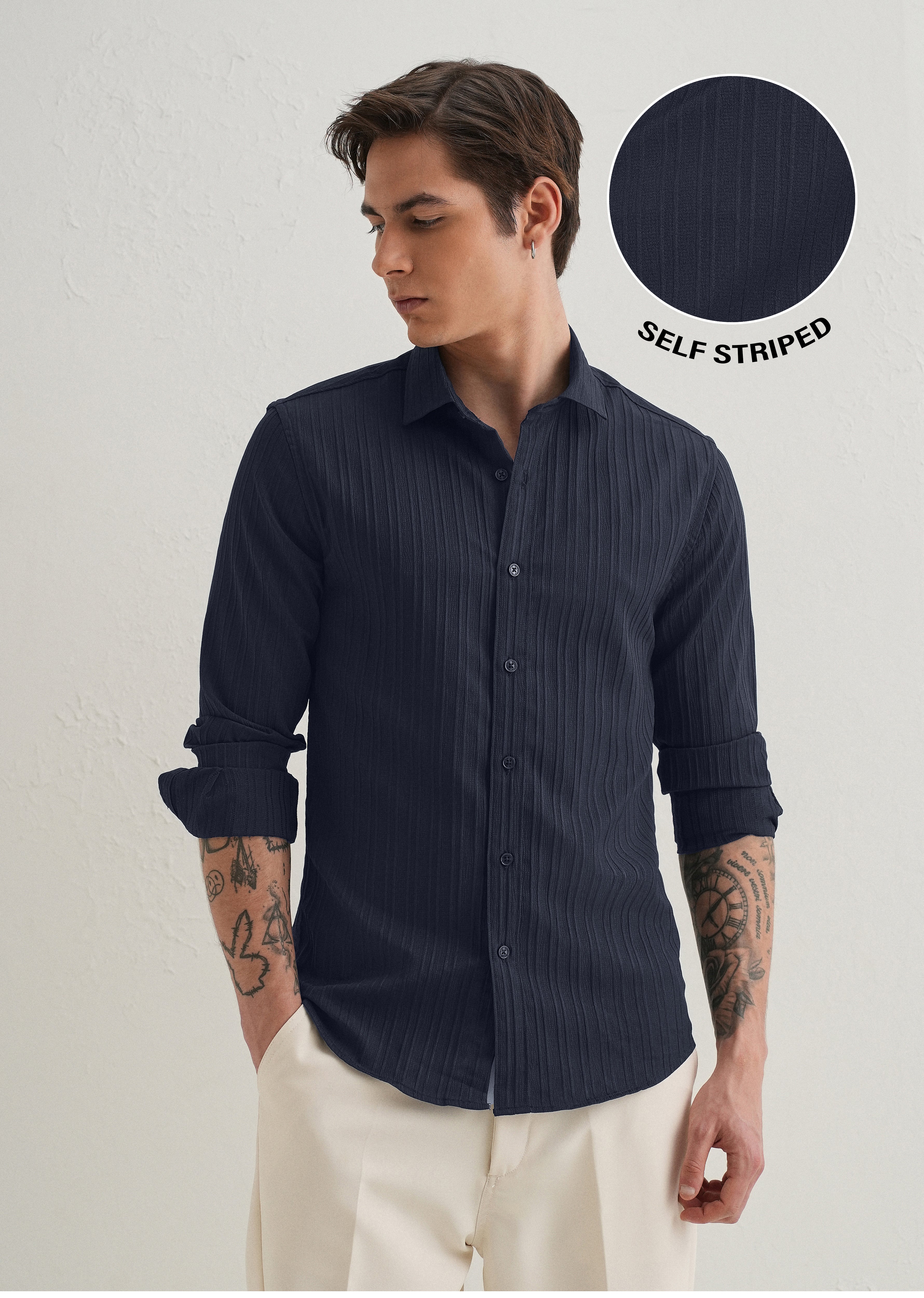Navy Blue Plain Self Striped Shirt
