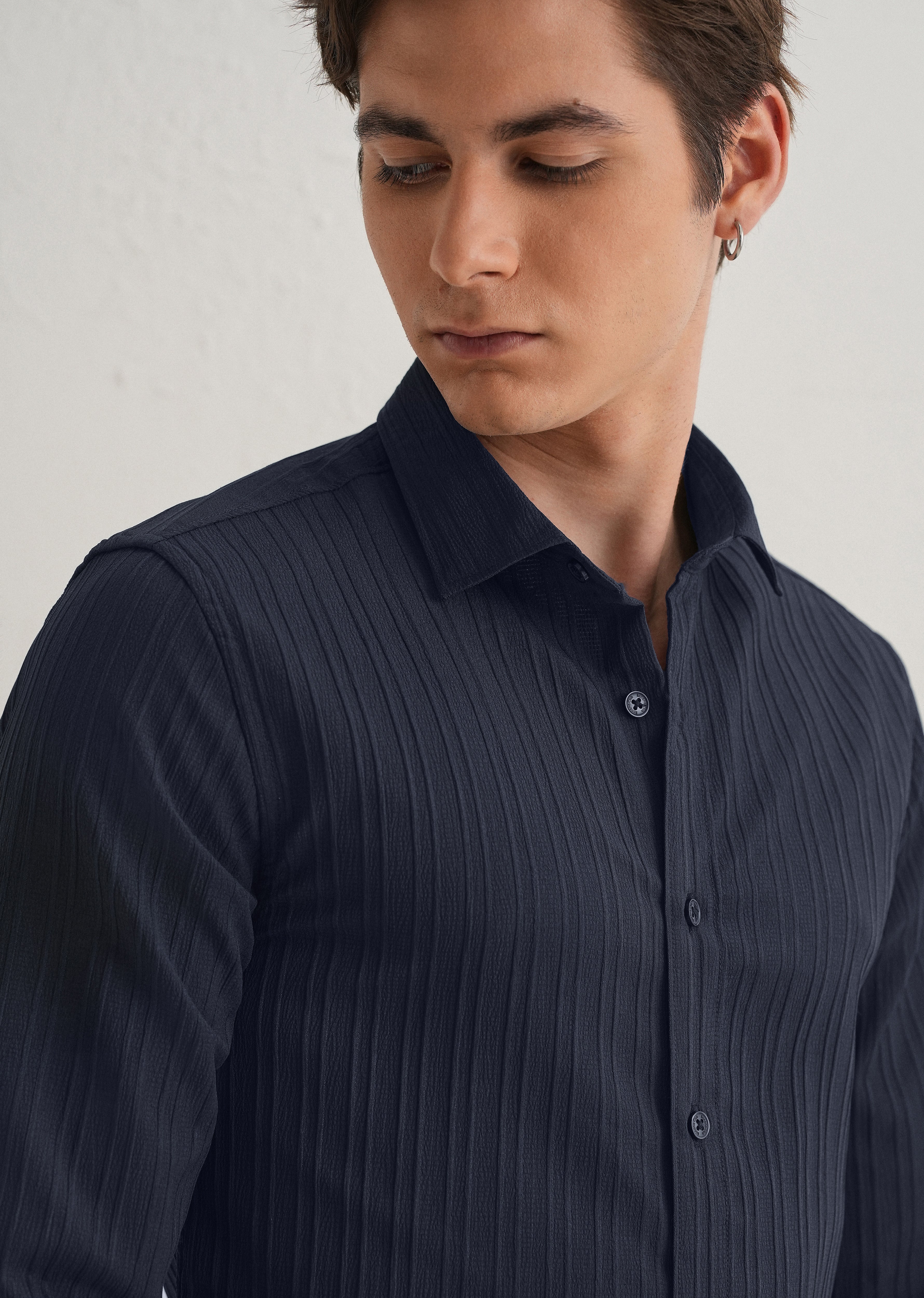 Navy Blue Plain Self Striped Shirt