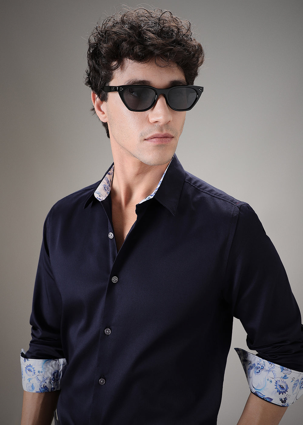 Navy Blue Printed Cuff Shirt