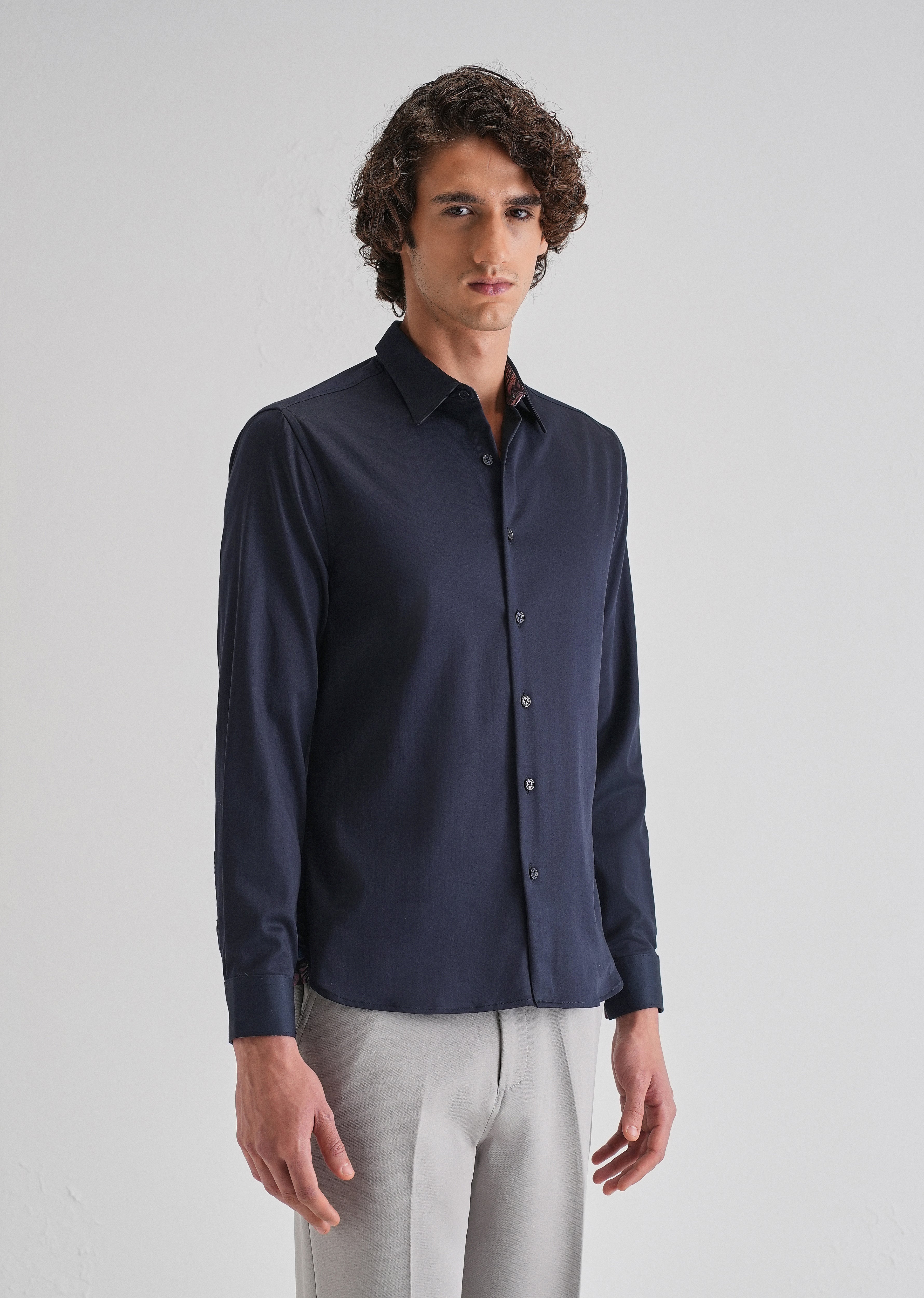 Navy Blue Printed Cuff Shirt