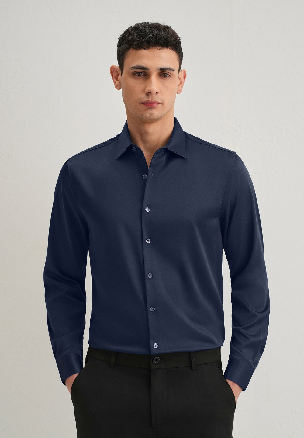 Navy Blue Satin-Finish Plain Shirt