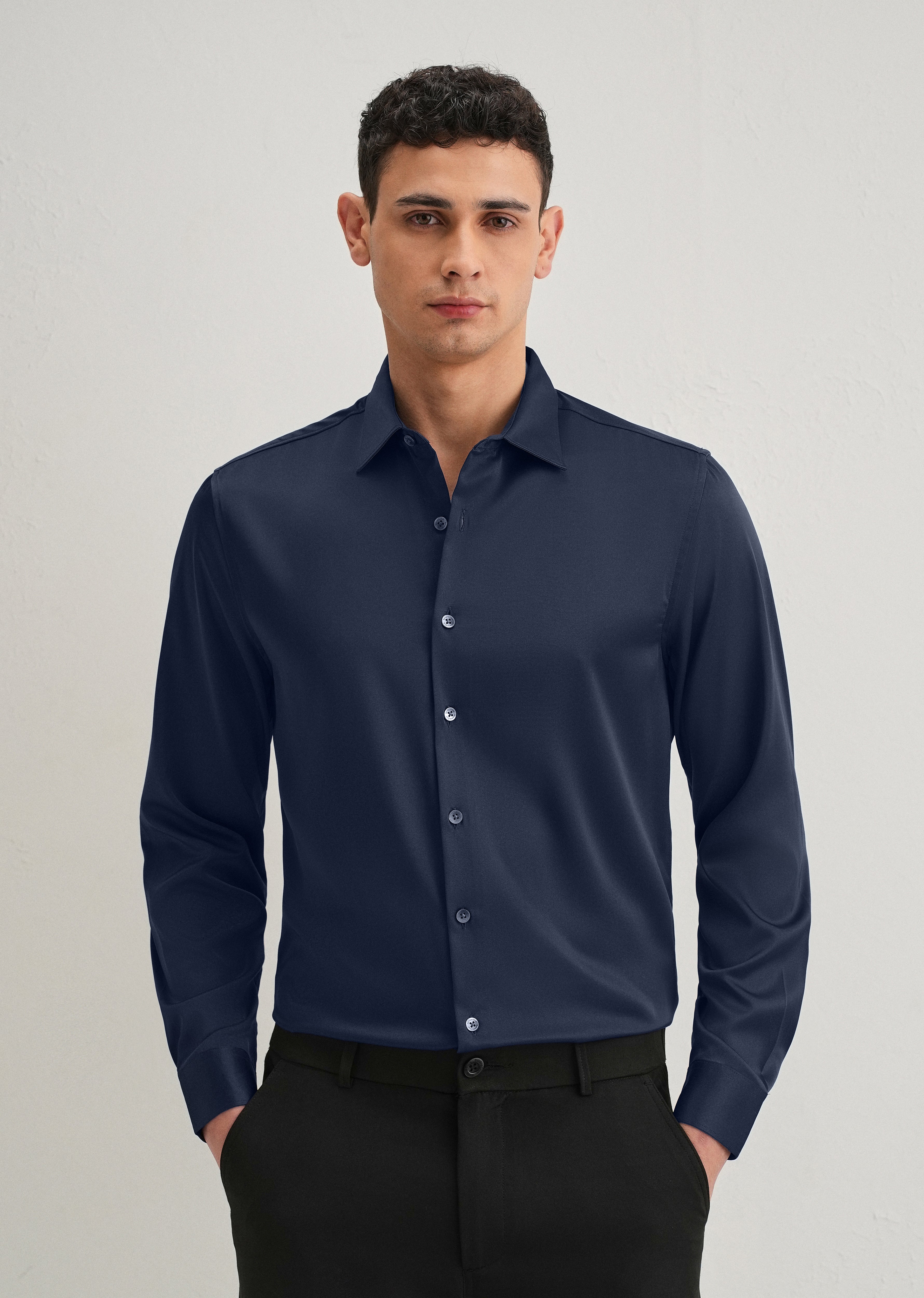 Navy Blue Satin-Finish Plain Shirt