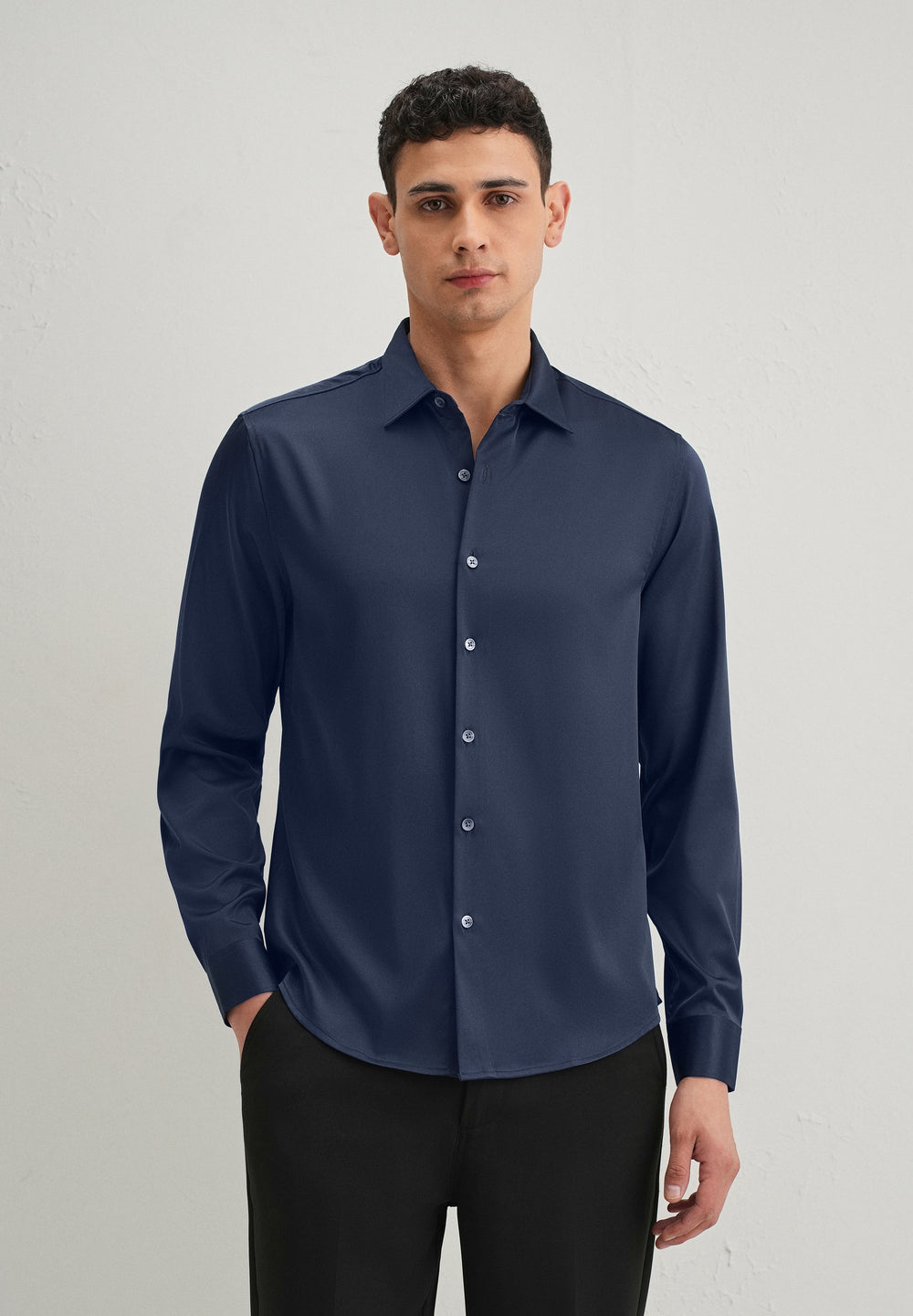 Navy Blue Satin-Finish Plain Shirt