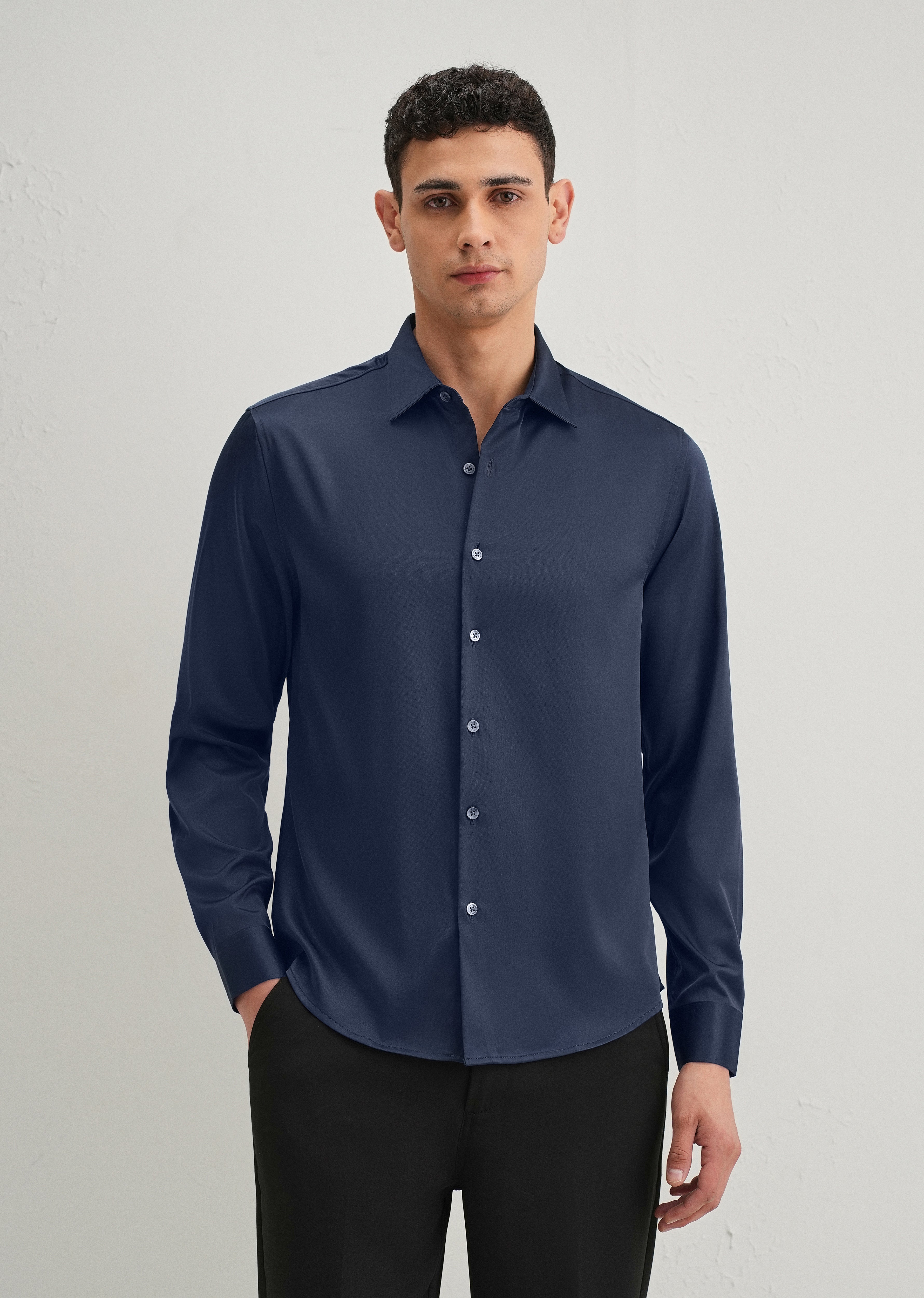 Navy Blue Satin-Finish Plain Shirt